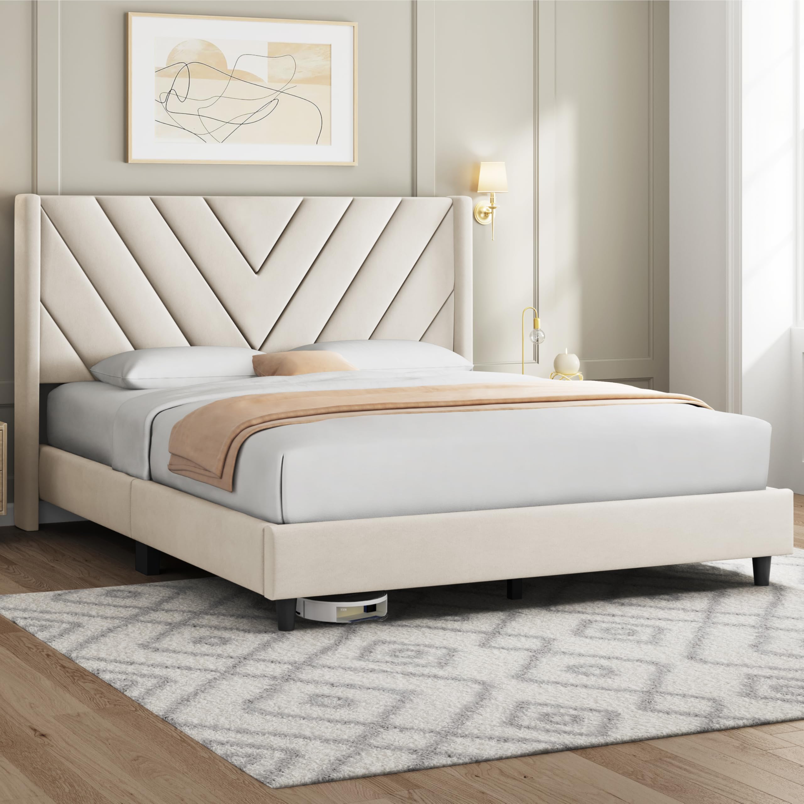 Queen Upholstered Platform Bed Frame with Tufted Wingback Headboard