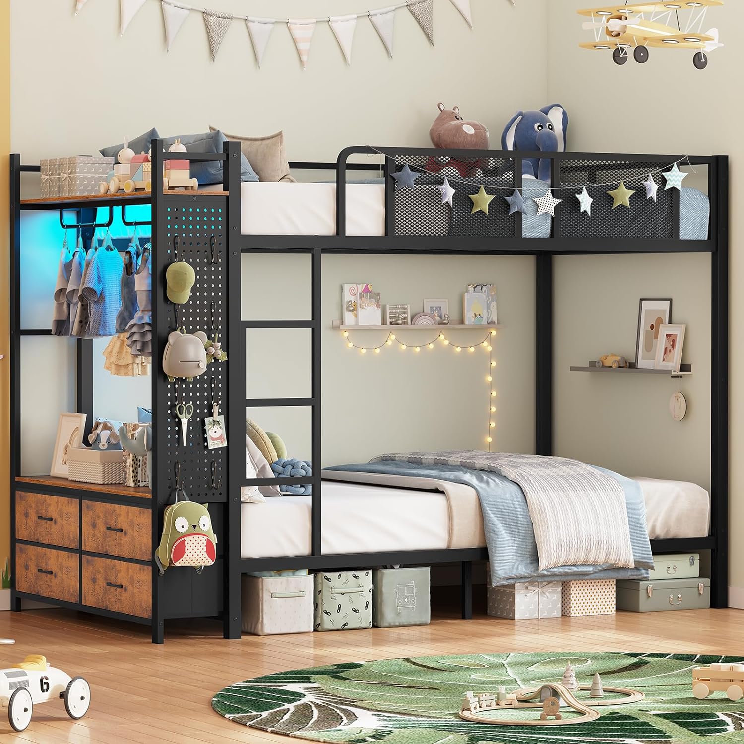 Full Metal Bunk Bed with Storage and LED Lights