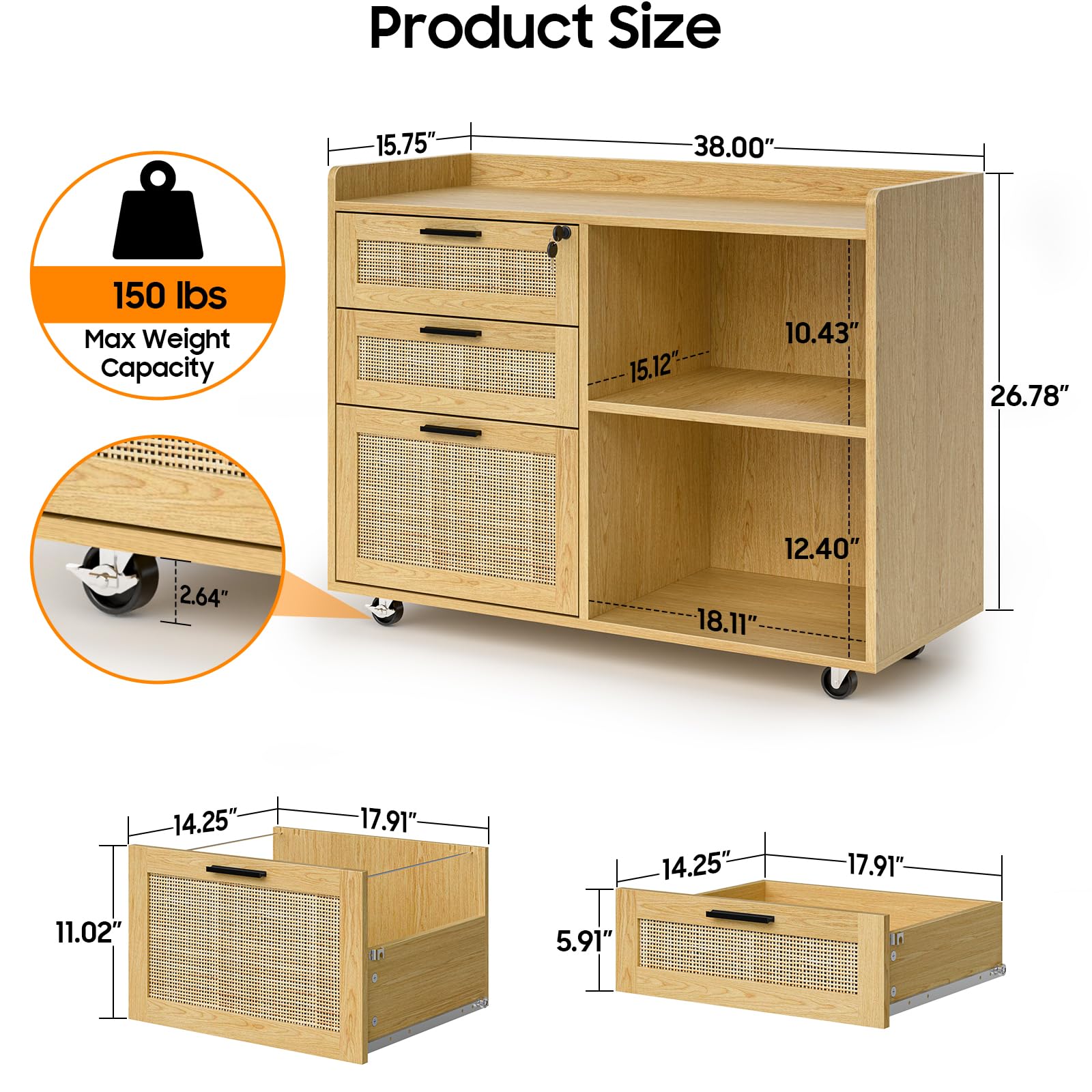 3 Drawer Rattan File Cabinet with Lock