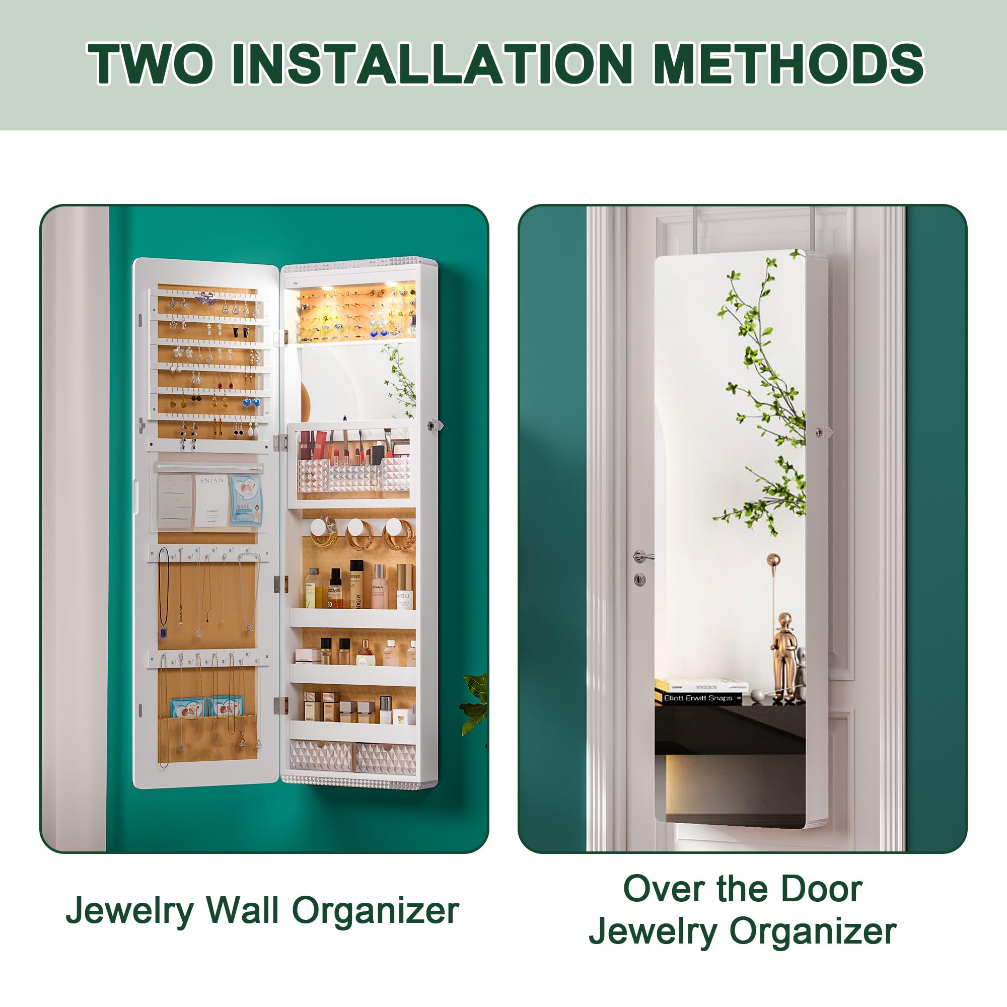 47.2" LED Wall Mounted Jewelry Cabinet with Full Length Mirror