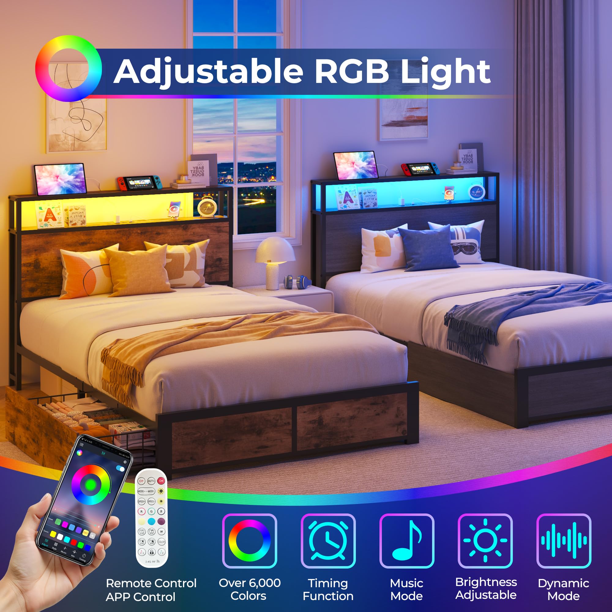 Twin Bed Frame with Storage Headboard and Charging Station