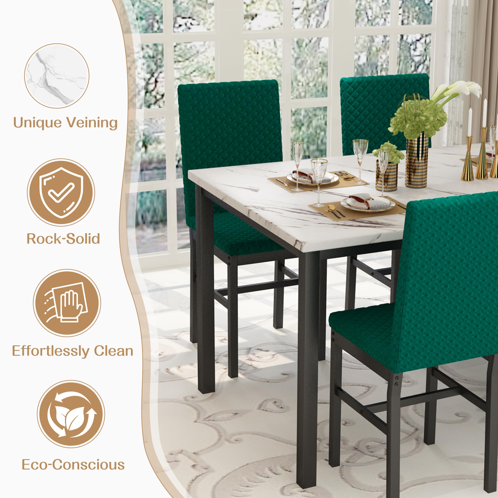 5-Piece Dining Table Set with Faux Marble Top and Velvet Chairs
