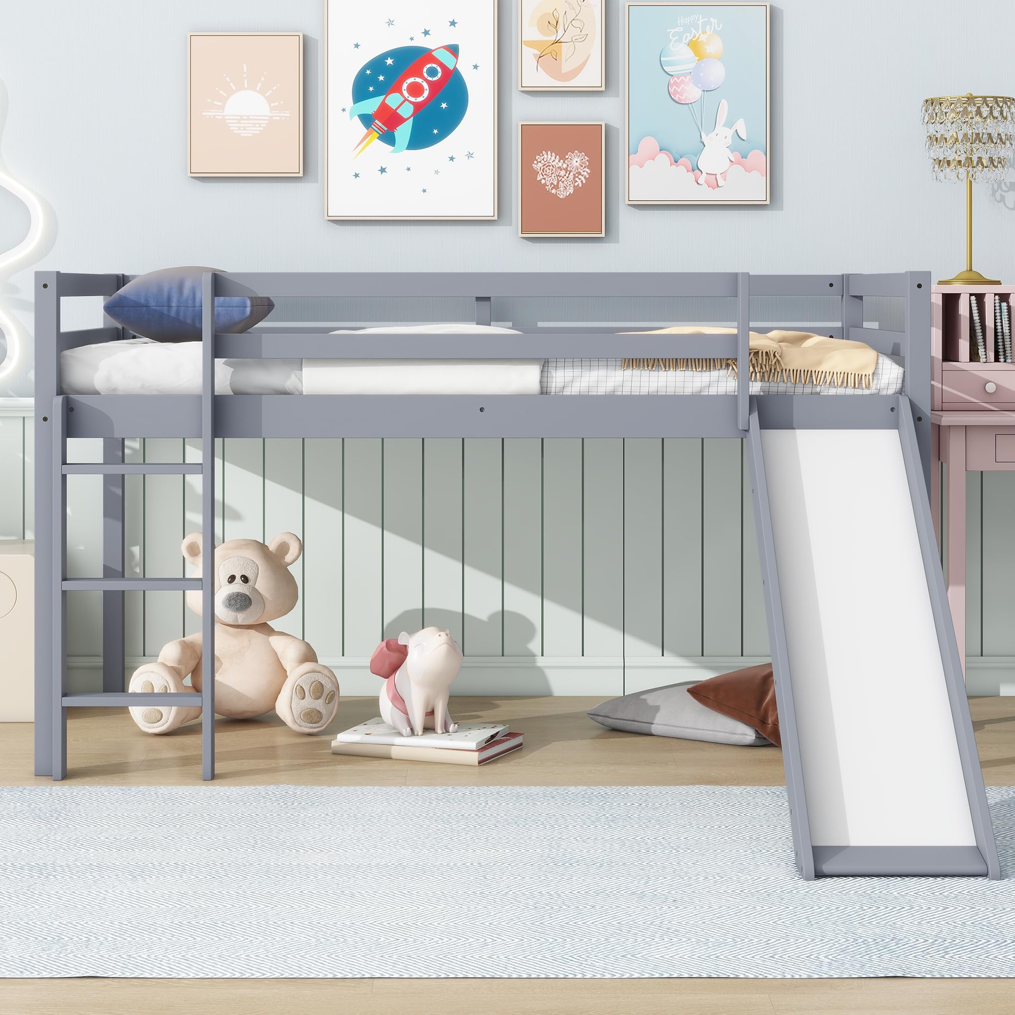 Twin Size Low Loft Bed with Slide and Ladder