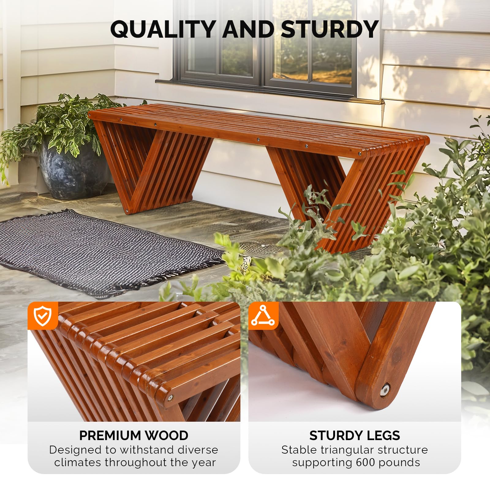 63" Outdoor Wooden Bench - 600lb Capacity Patio Porch Bench