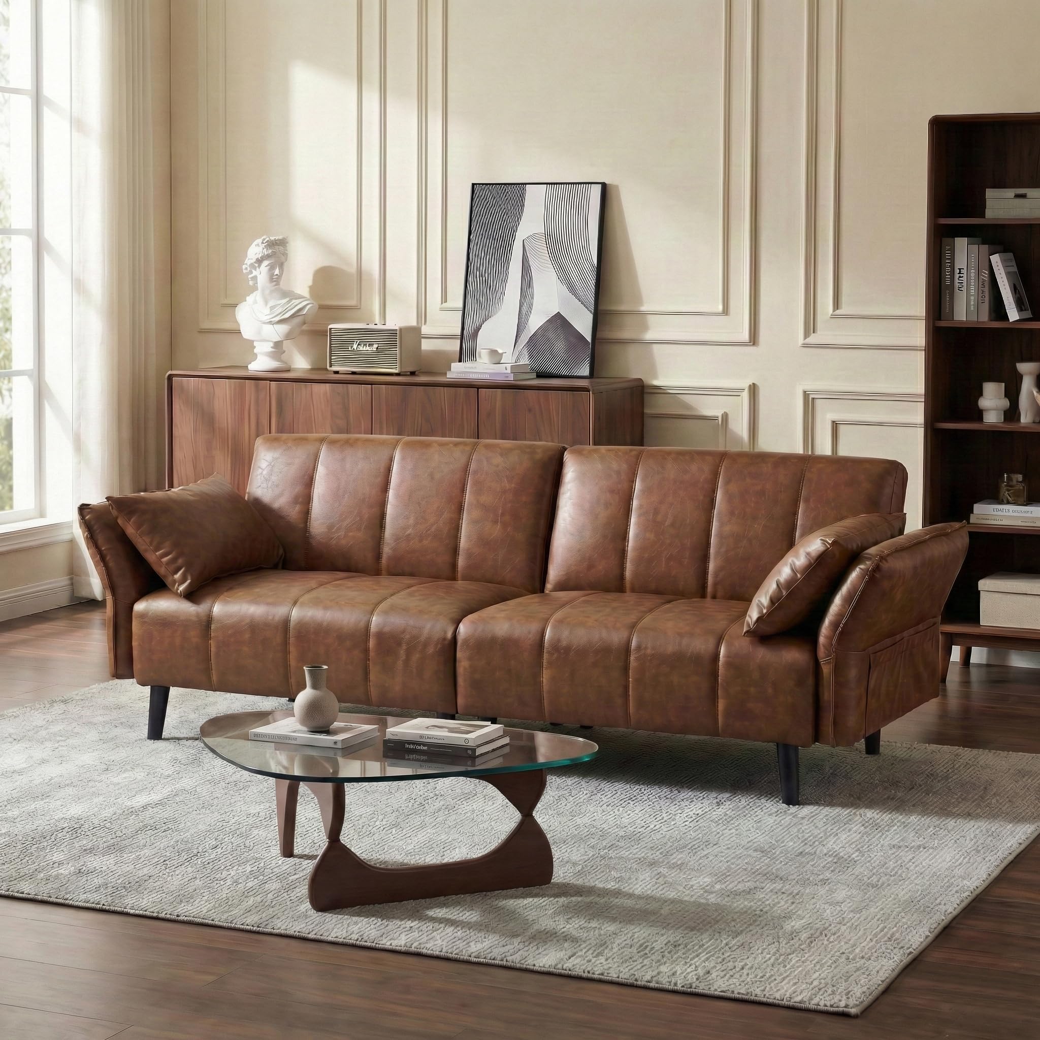 Mid-Century Modern Convertible Leather Futon Sofa