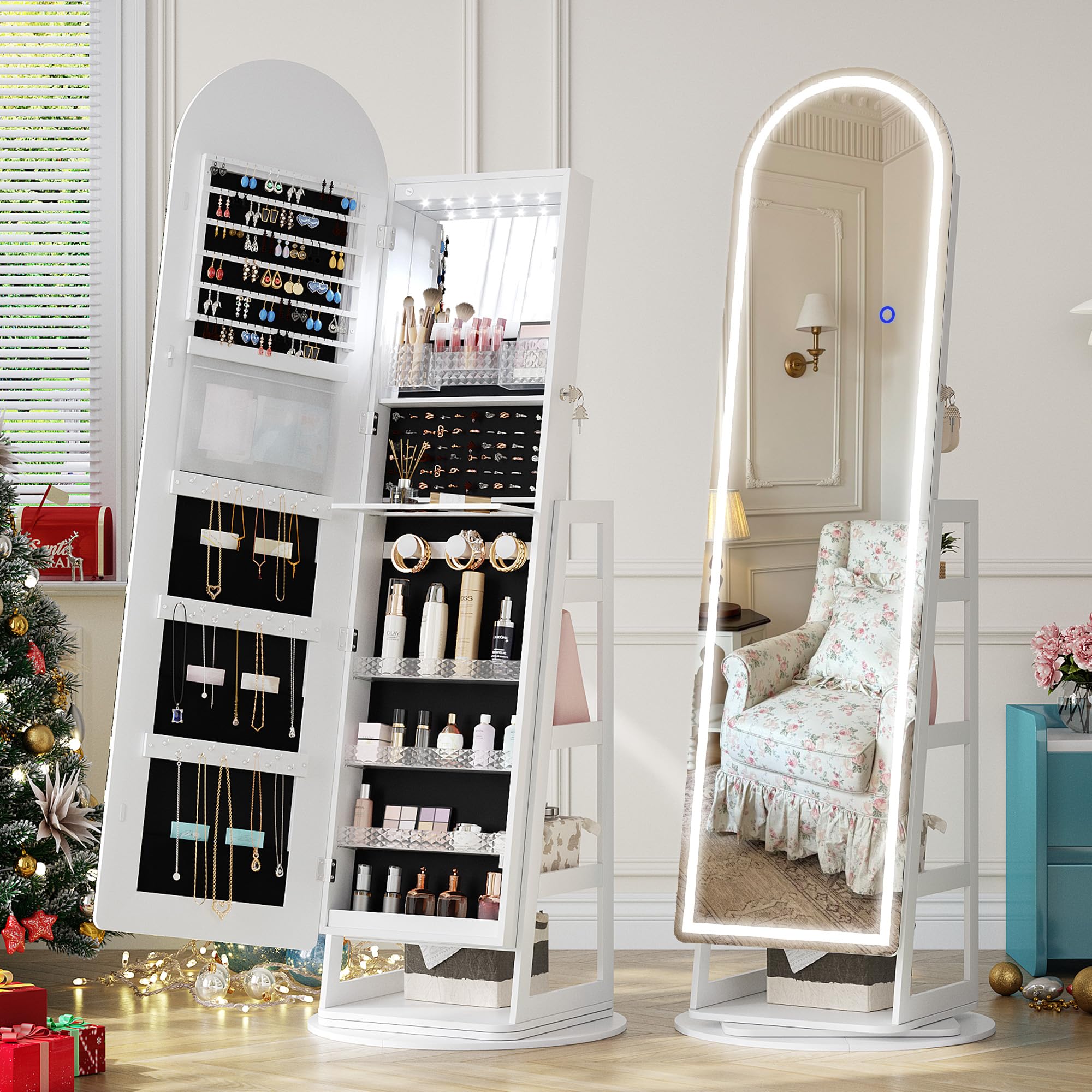 LED Mirror Jewelry Cabinet Standing Lockable Armoire