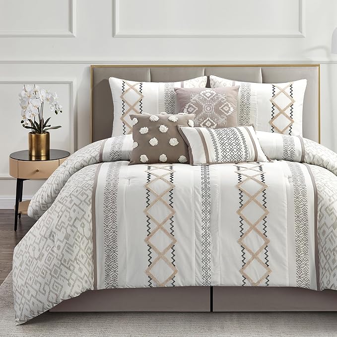 King Comforter Set 7 Pieces White Red Geometric Embroidered