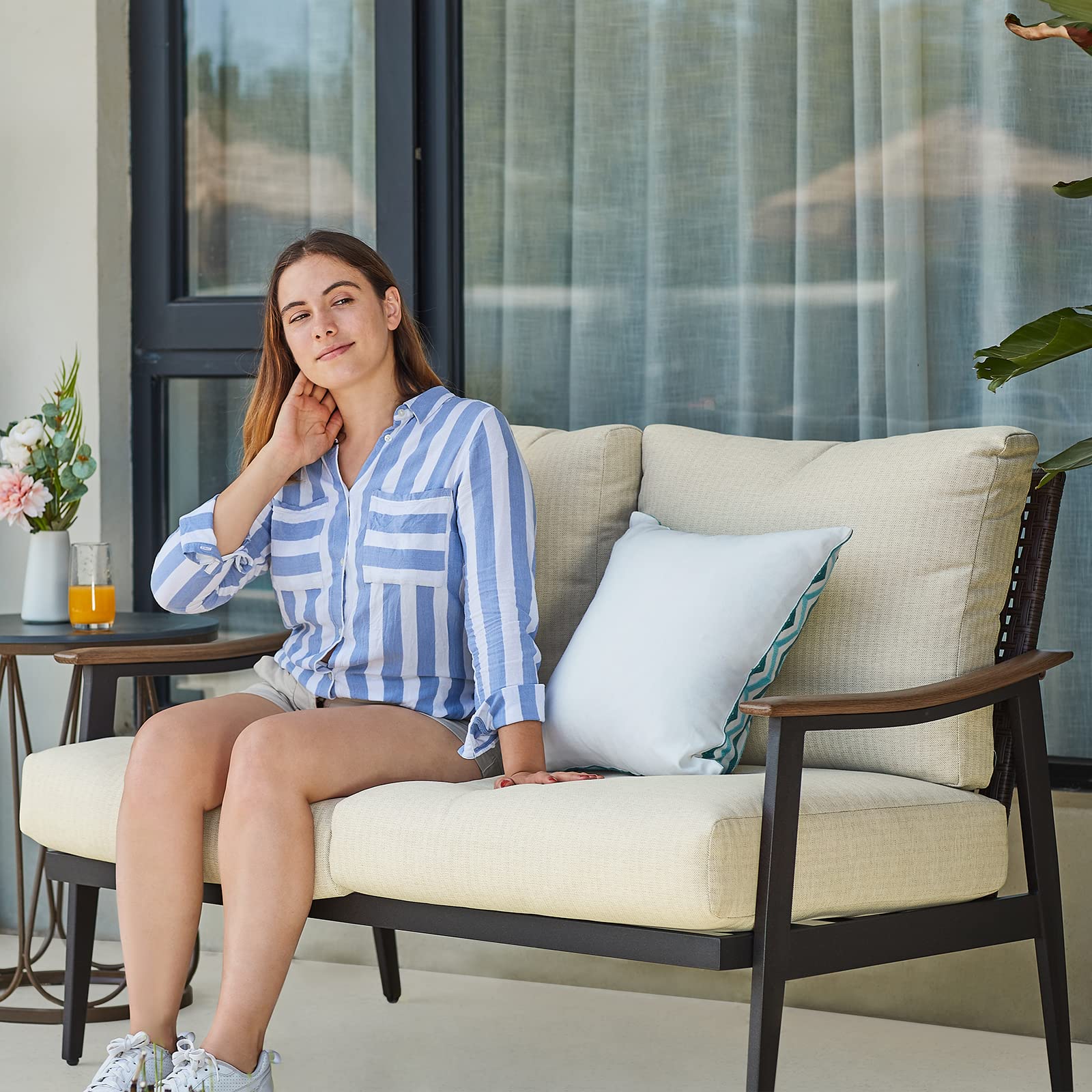 Patio Loveseat Sofa with Wicker Backrest and Cushion