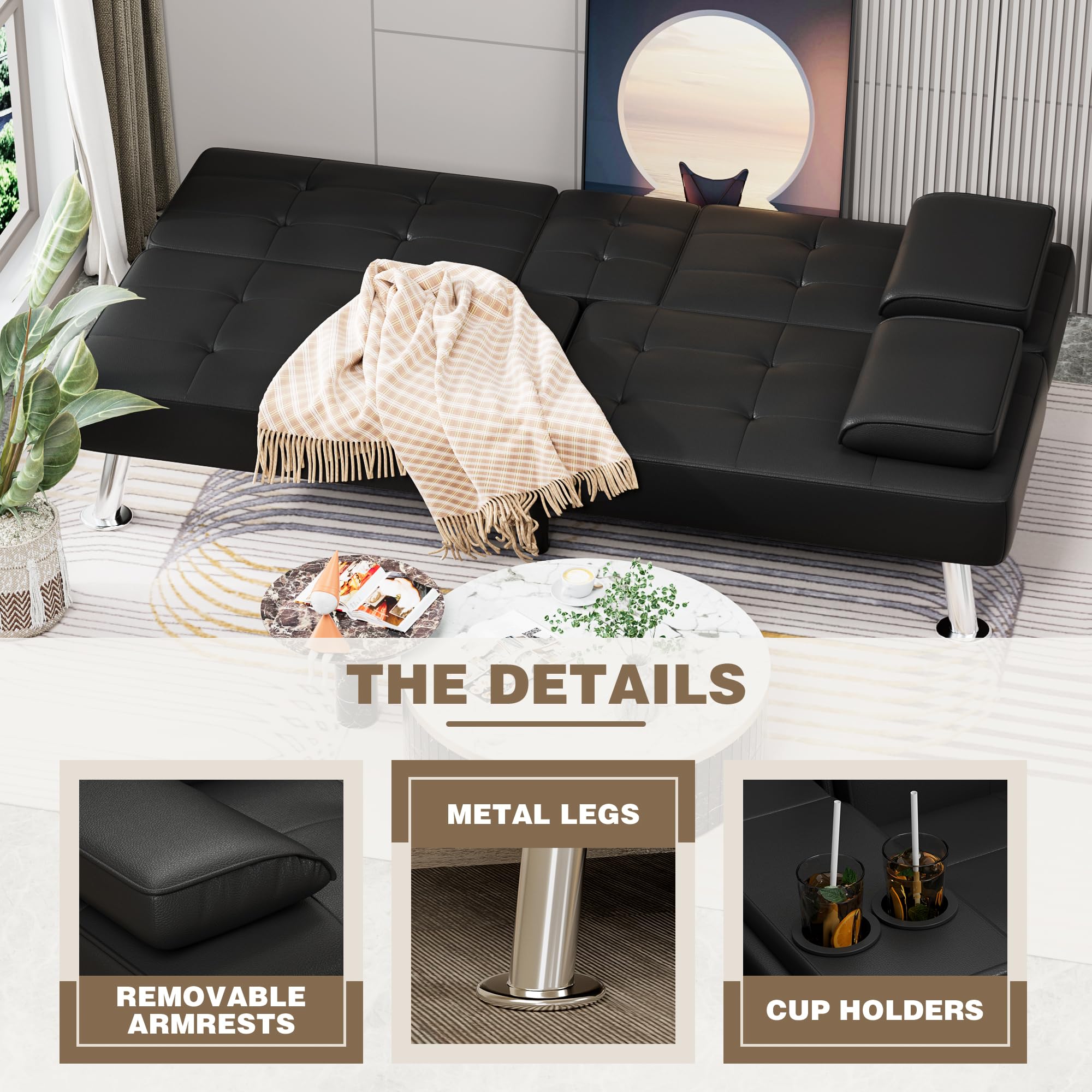Adjustable Futon Sofa Bed with Cup Holders