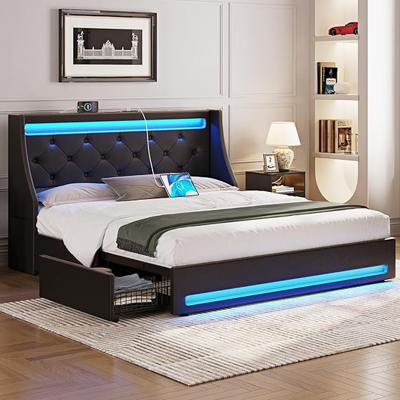 Full Bed Frame with LED Lights and Charging Station