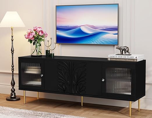 TV Stand with 3D Floral Pattern and Glass Doors