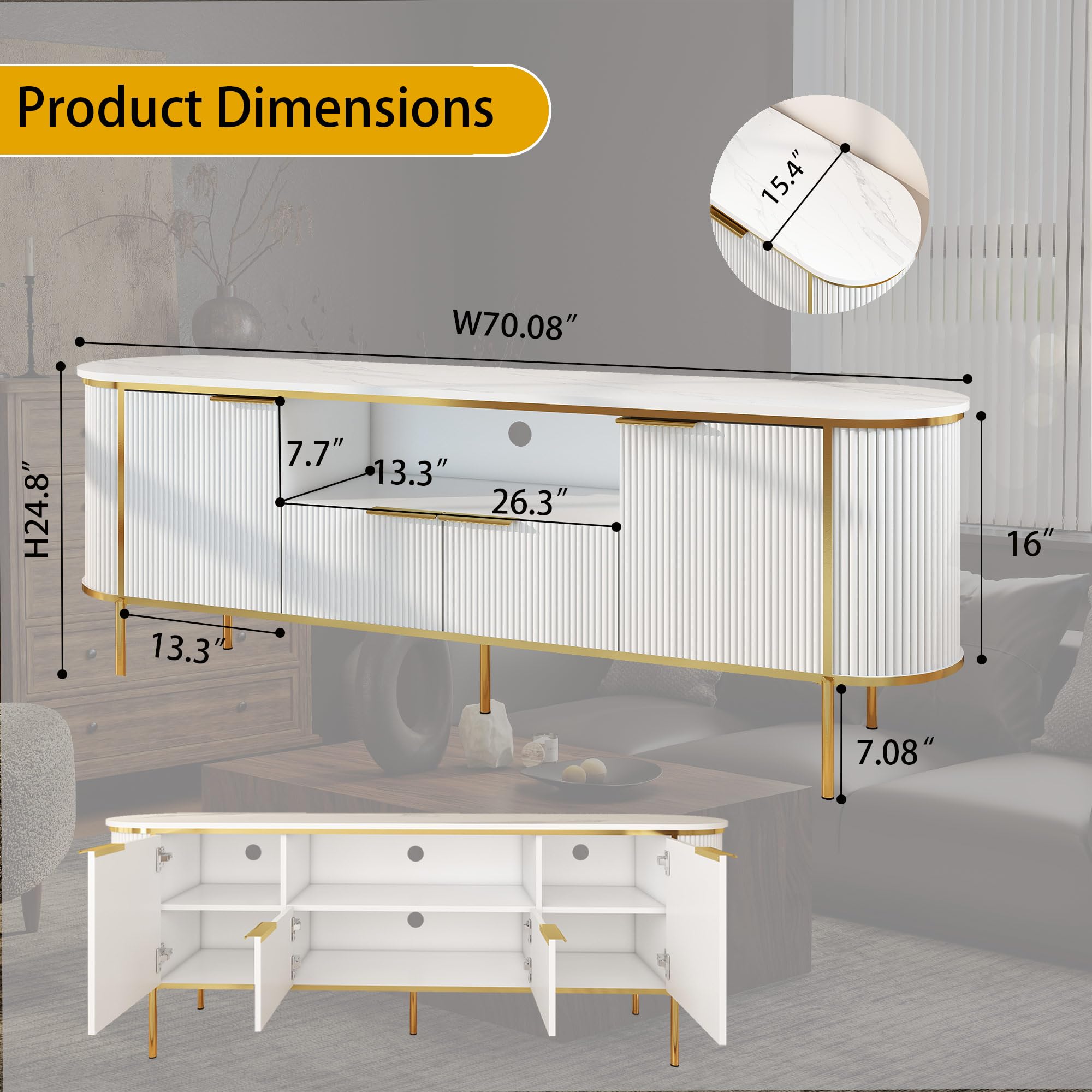 70" White Fluted TV Stand with Storage for TVs Up to 80"