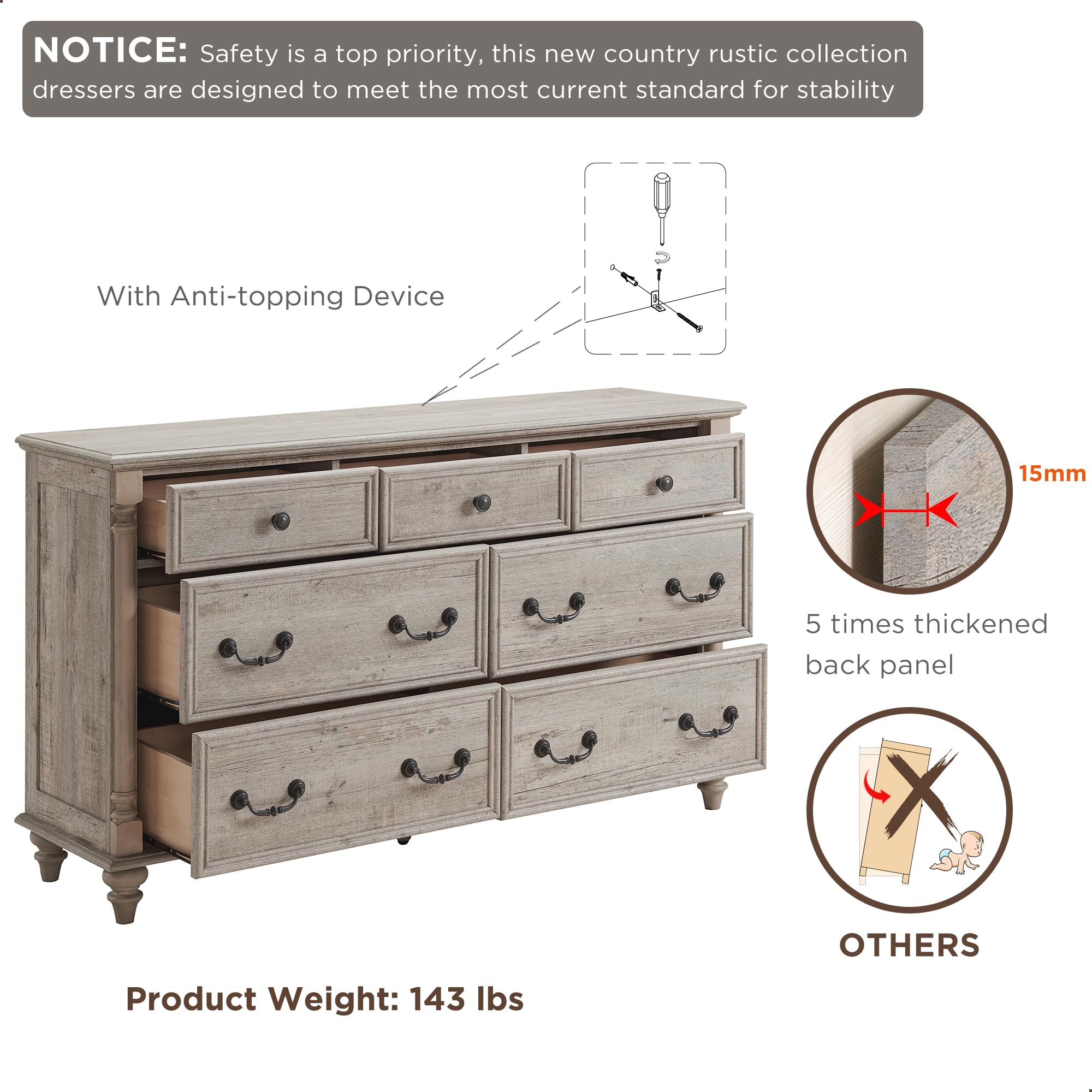 7-Drawer Farmhouse Dresser with Solid Wood Feet