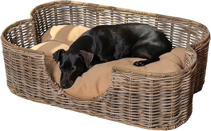 Scalloped Woven Rattan Dog Bed with Washable Cushion
