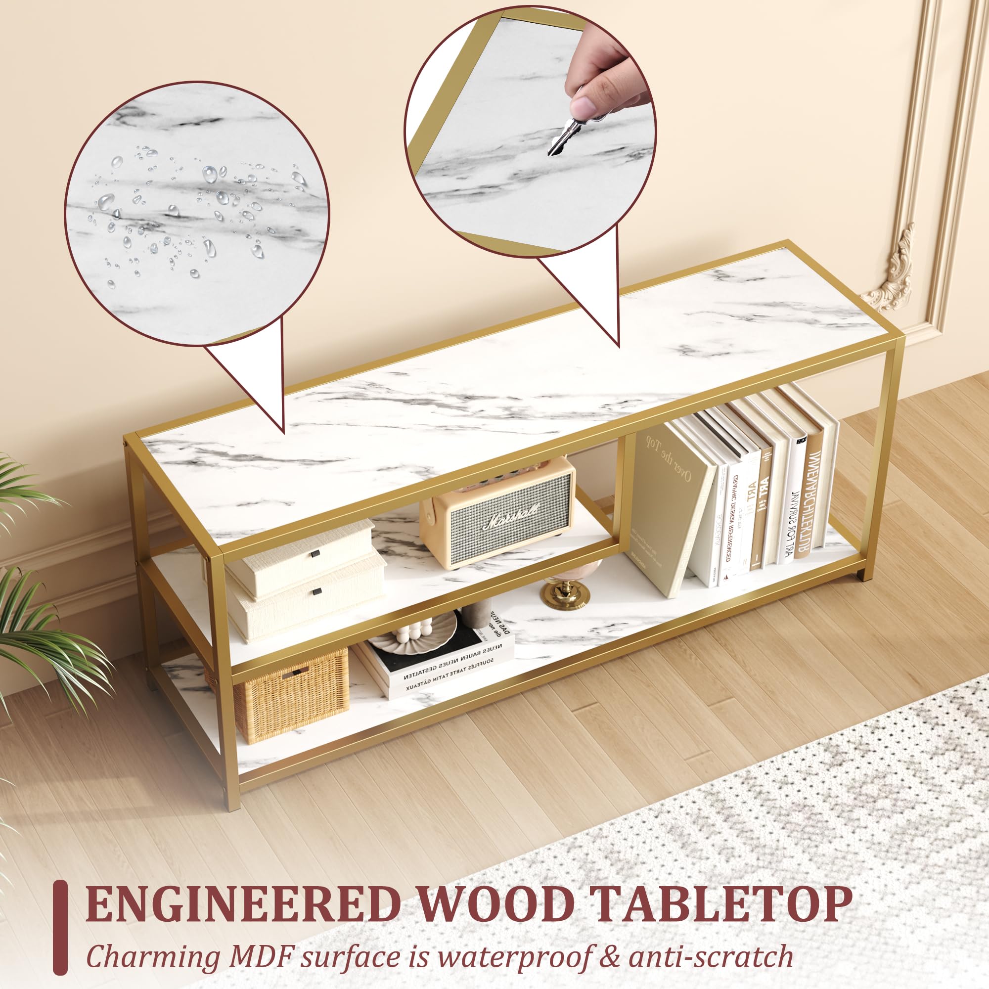 47" TV Stand Faux Marble Top Gold Metal Legs