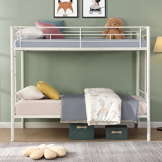 Twin Over Twin Metal Bunk Bed with Ladder and Guardrail - Pink