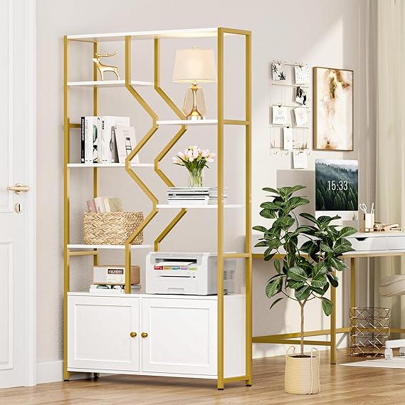 76" Tall Gold Bookshelf with Cabinet Storage