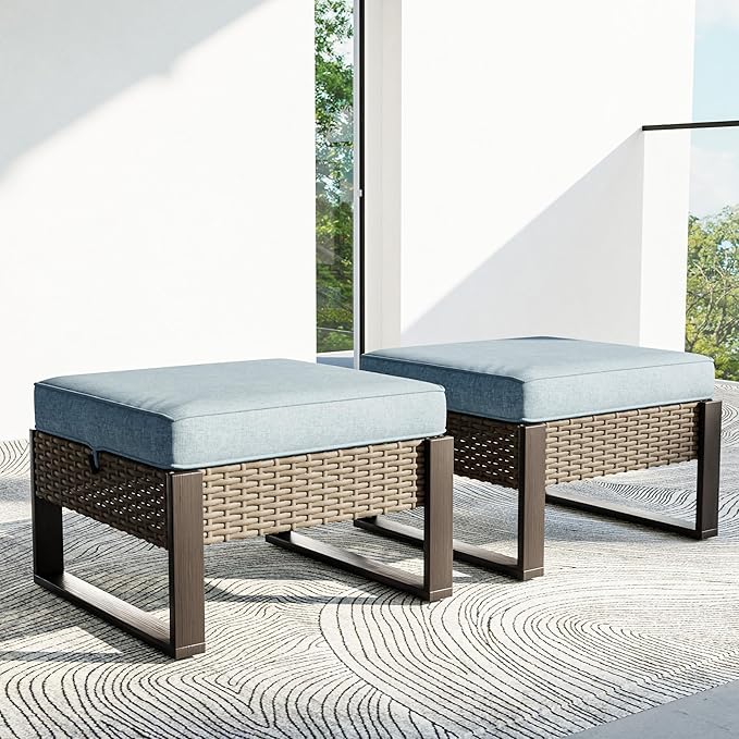 Outdoor Wicker Patio Ottomans Set of 2 with Cushions