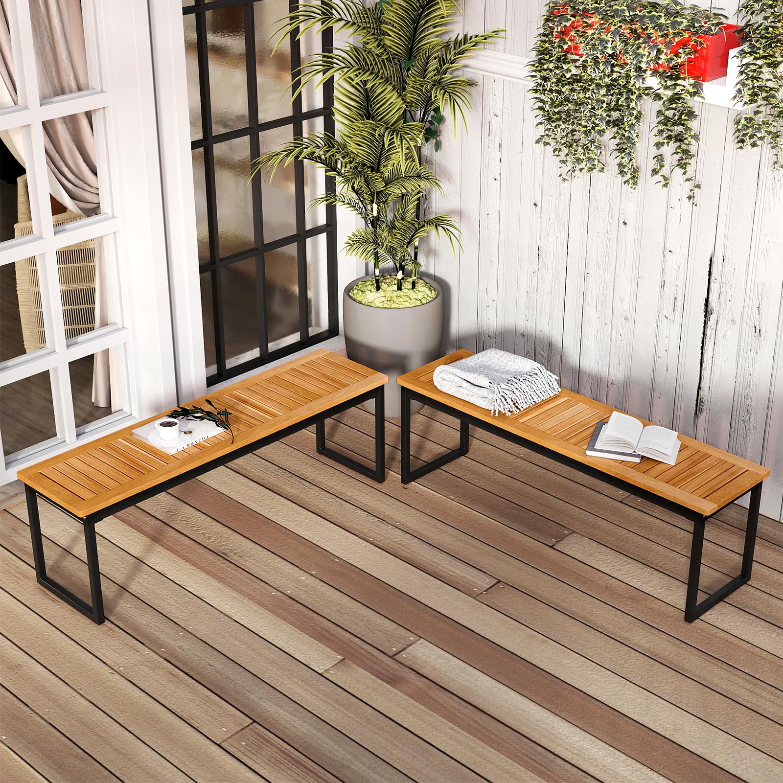 Acacia Wood Outdoor Dining Bench Set of 2 with Metal Legs