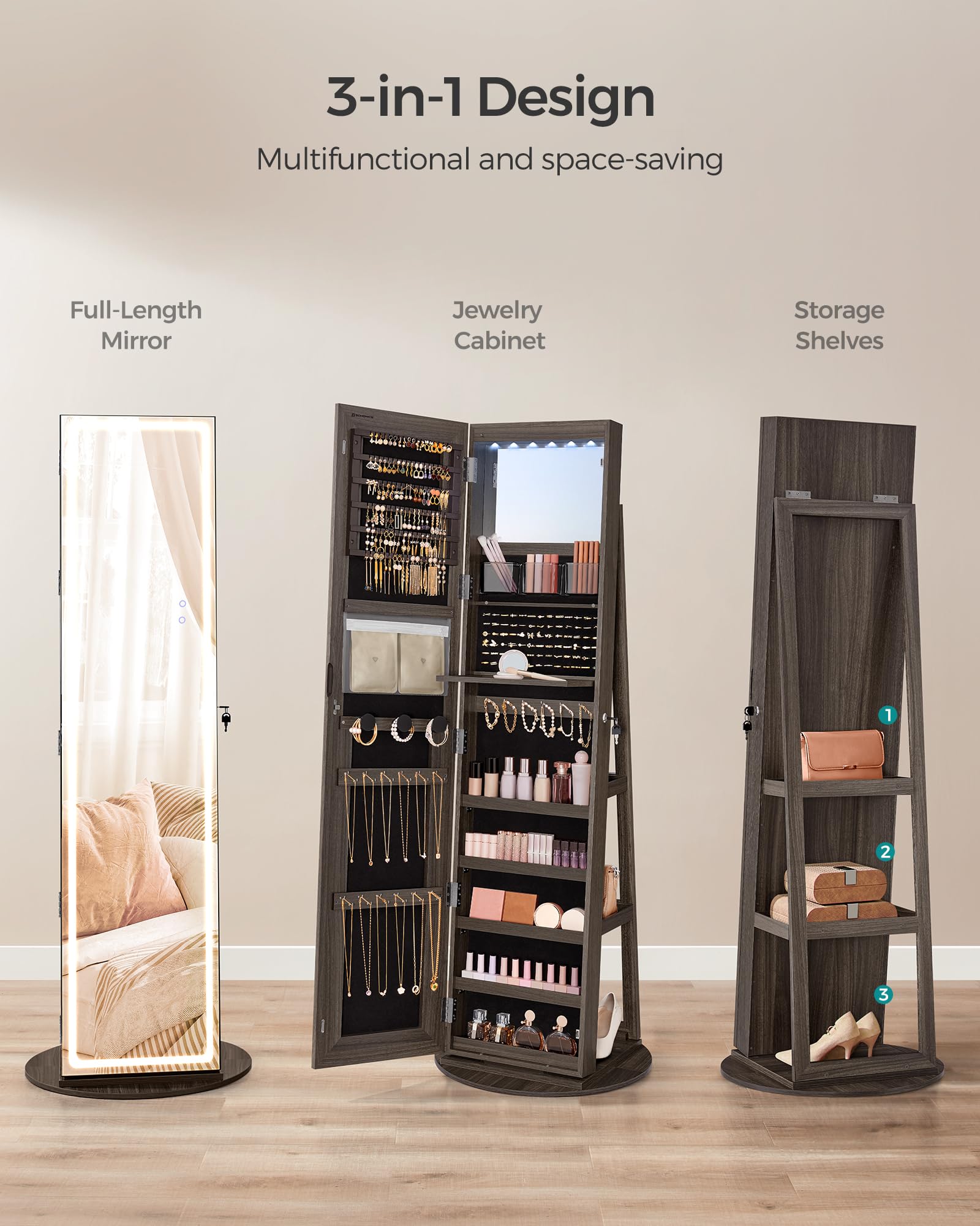 LED Jewelry Cabinet with Full-Length Mirror