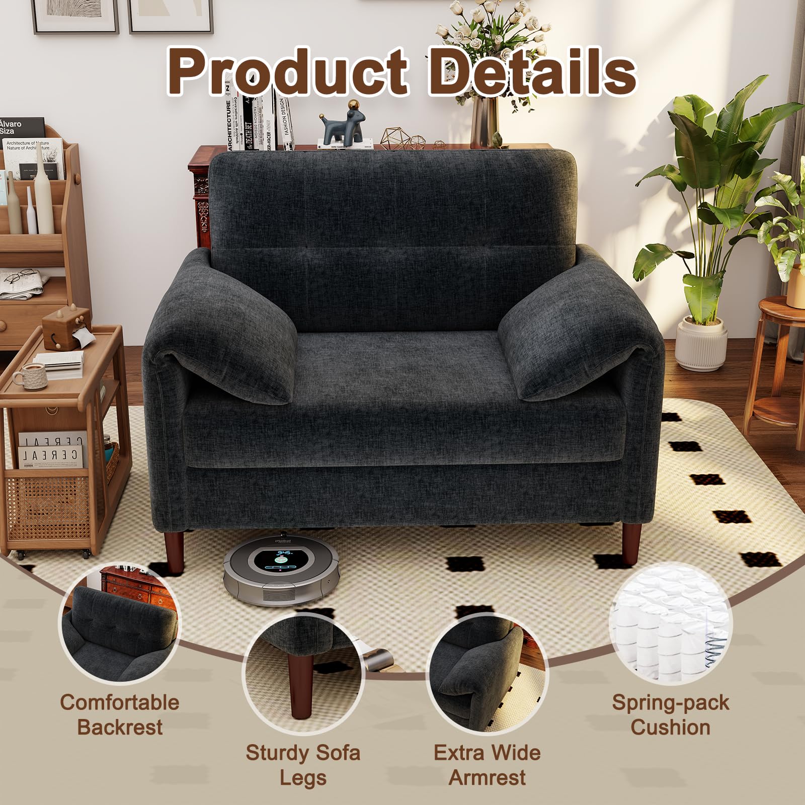 ZSDT 46'' W Oversized Chair, Chenille Loveseat Sofa with Deep Seat, Mid Century Modern Accent Chair for Living Room, Upholstered Comfy Armchair for Bedroom, Apartment, Studio, Office（1Pack Dark Grey）