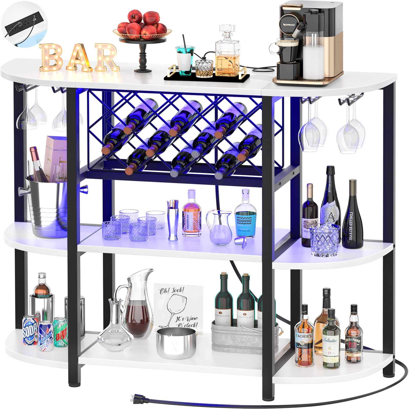 Wine Bar Cabinet with LED Light and Charging Station
