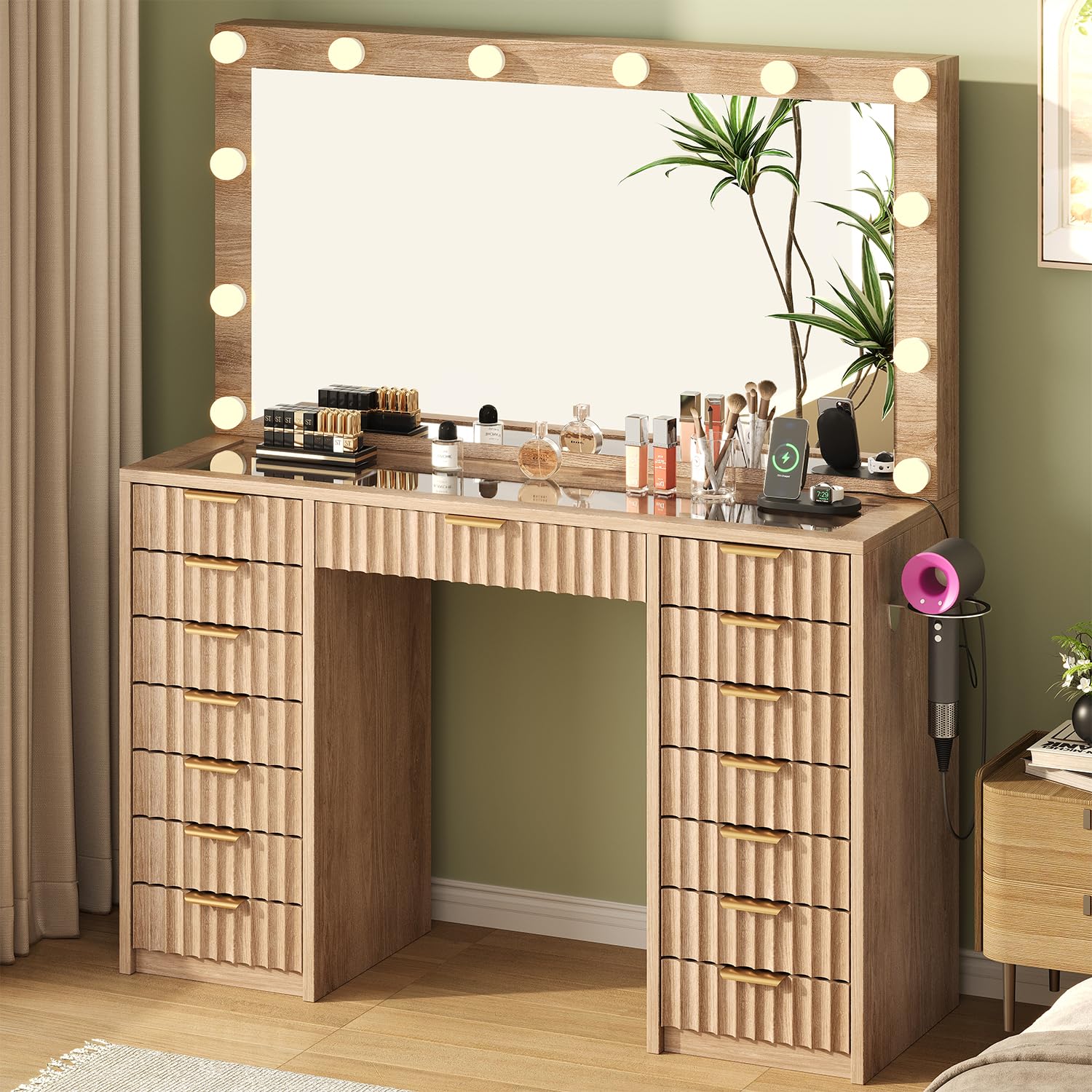 15 Drawer Fluted Vanity Desk with Glass Top and LED Mirror