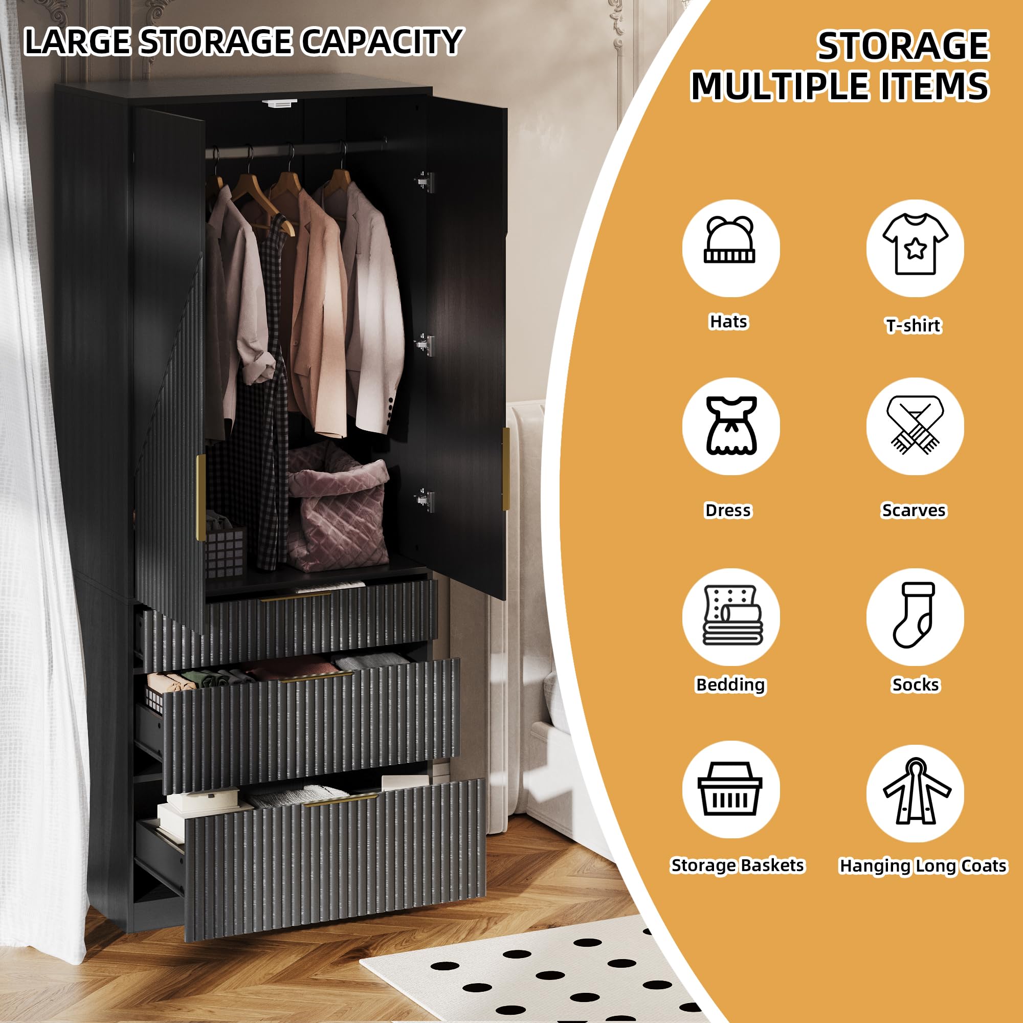 Wardrobe Armoire with 2 Doors and 3 Drawers