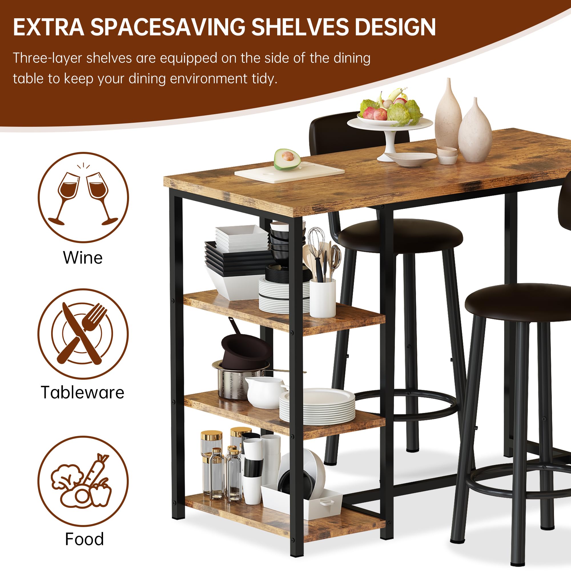 3-Piece Bar Table Set with Storage Shelves