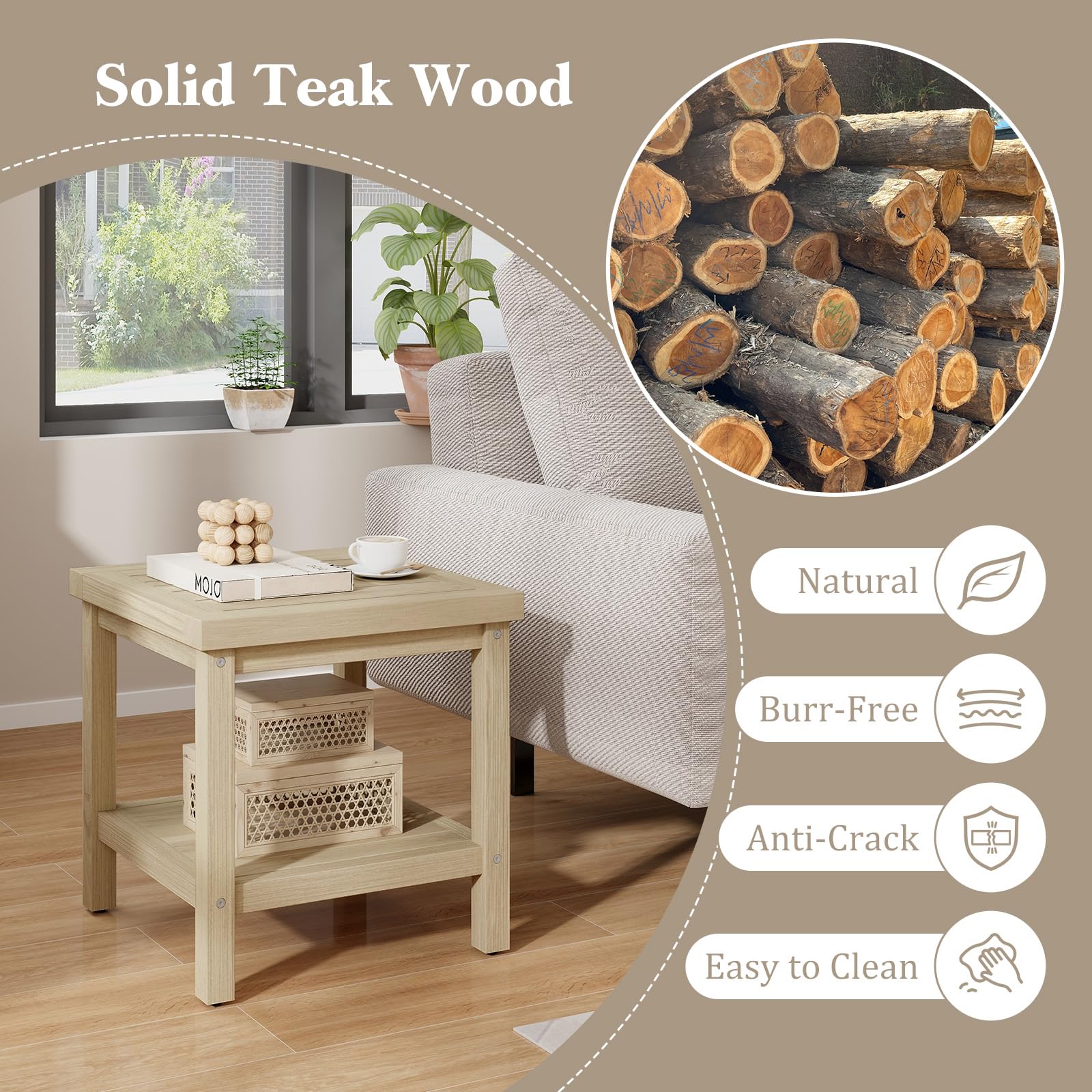 2-Tier Teak Wood Outdoor Side Table