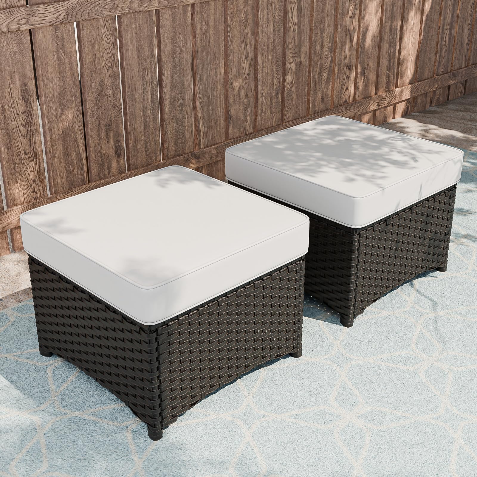 Outdoor Wicker Ottoman Set of 2 Square Rattan Footrest