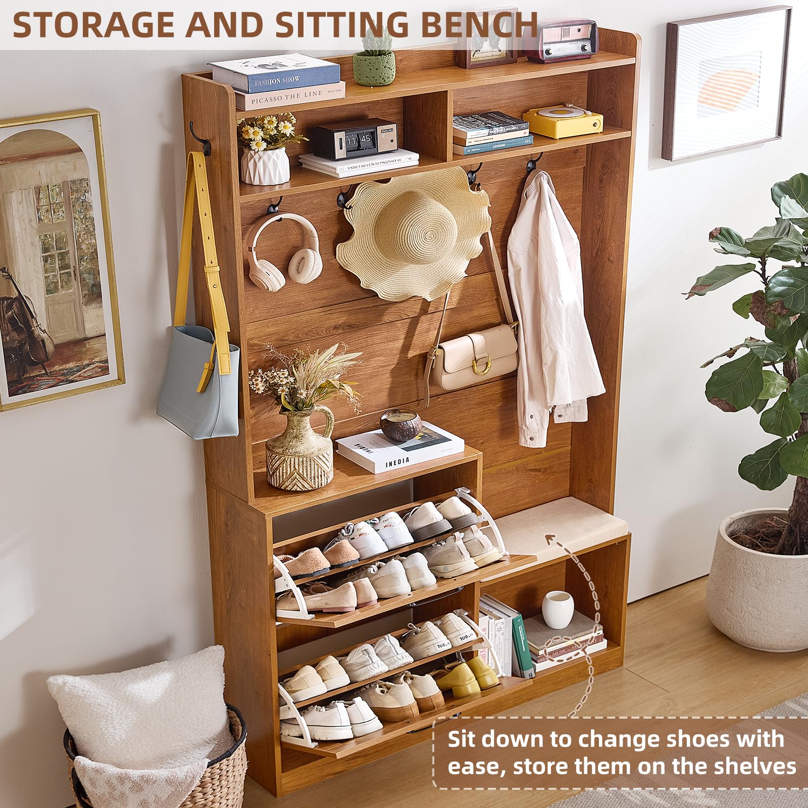 Boho Hall Tree with Bench & Shoe Storage