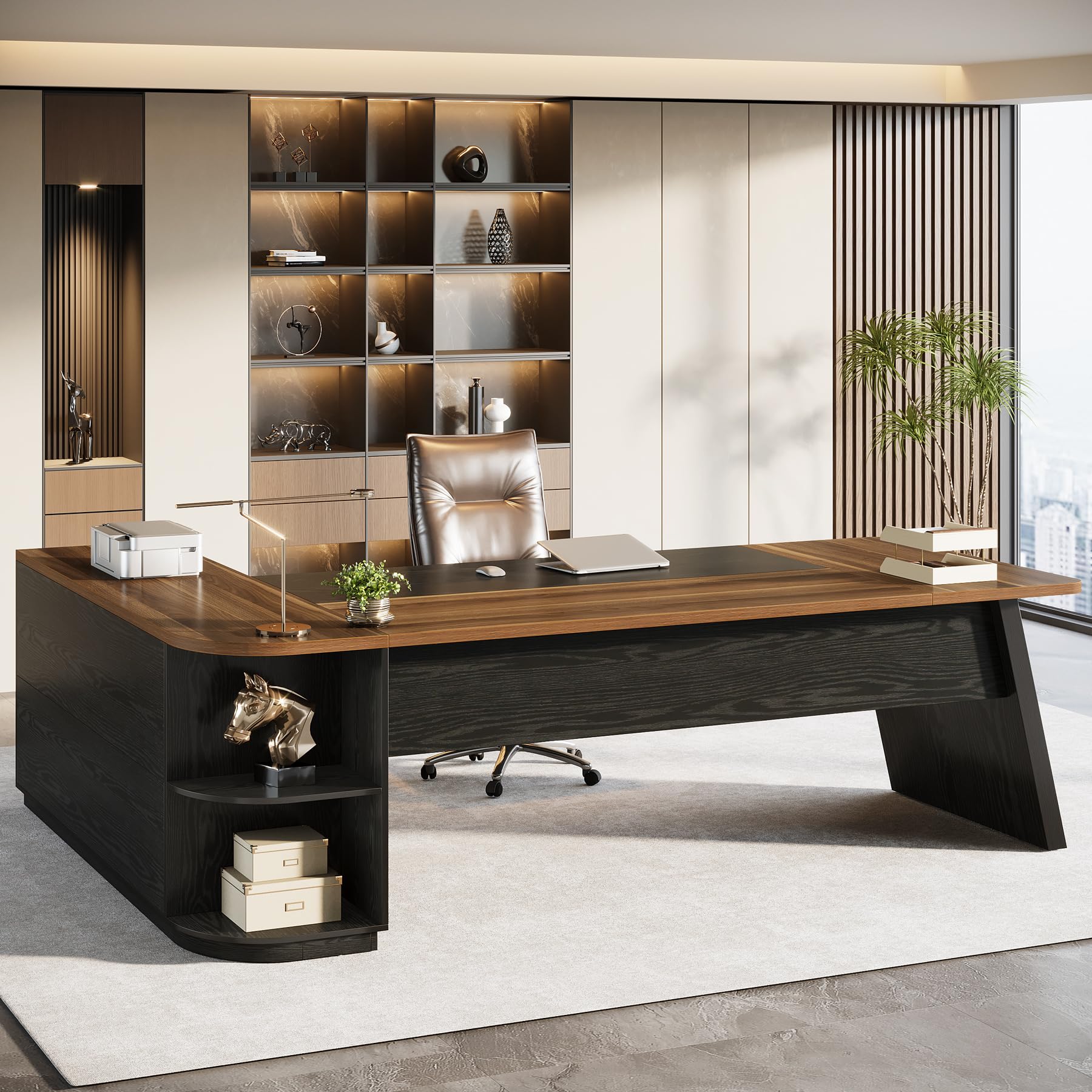 79-Inch L-Shaped Executive Desk with Storage Cabinet