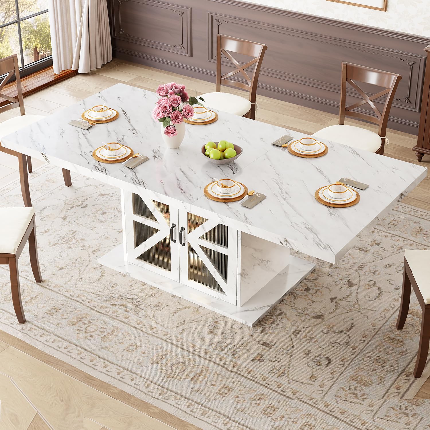 Modern White Dining Table with Storage - 63 Inch Rectangle
