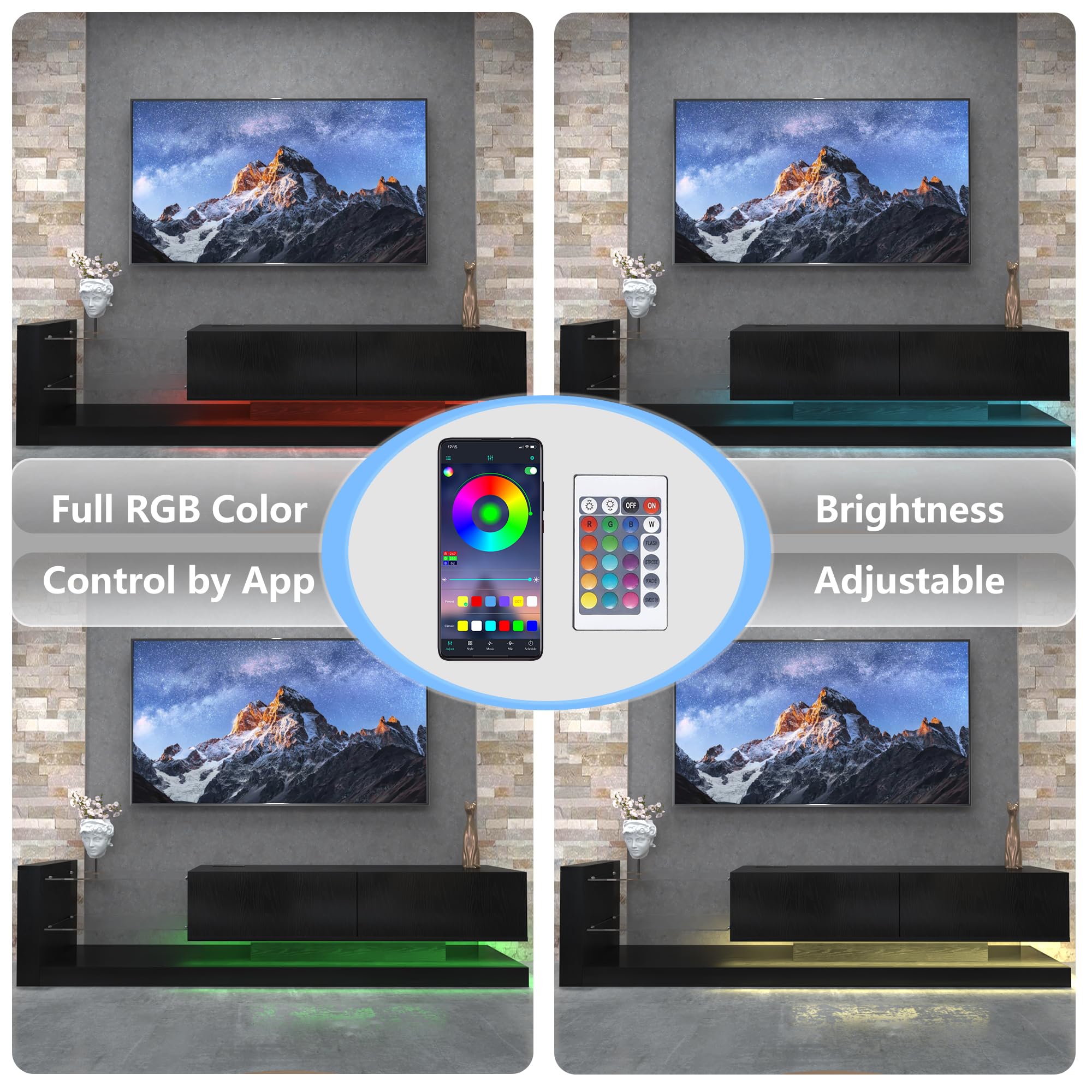 LED TV Stand with Asymmetrical Design and Tempered Glass Shelves