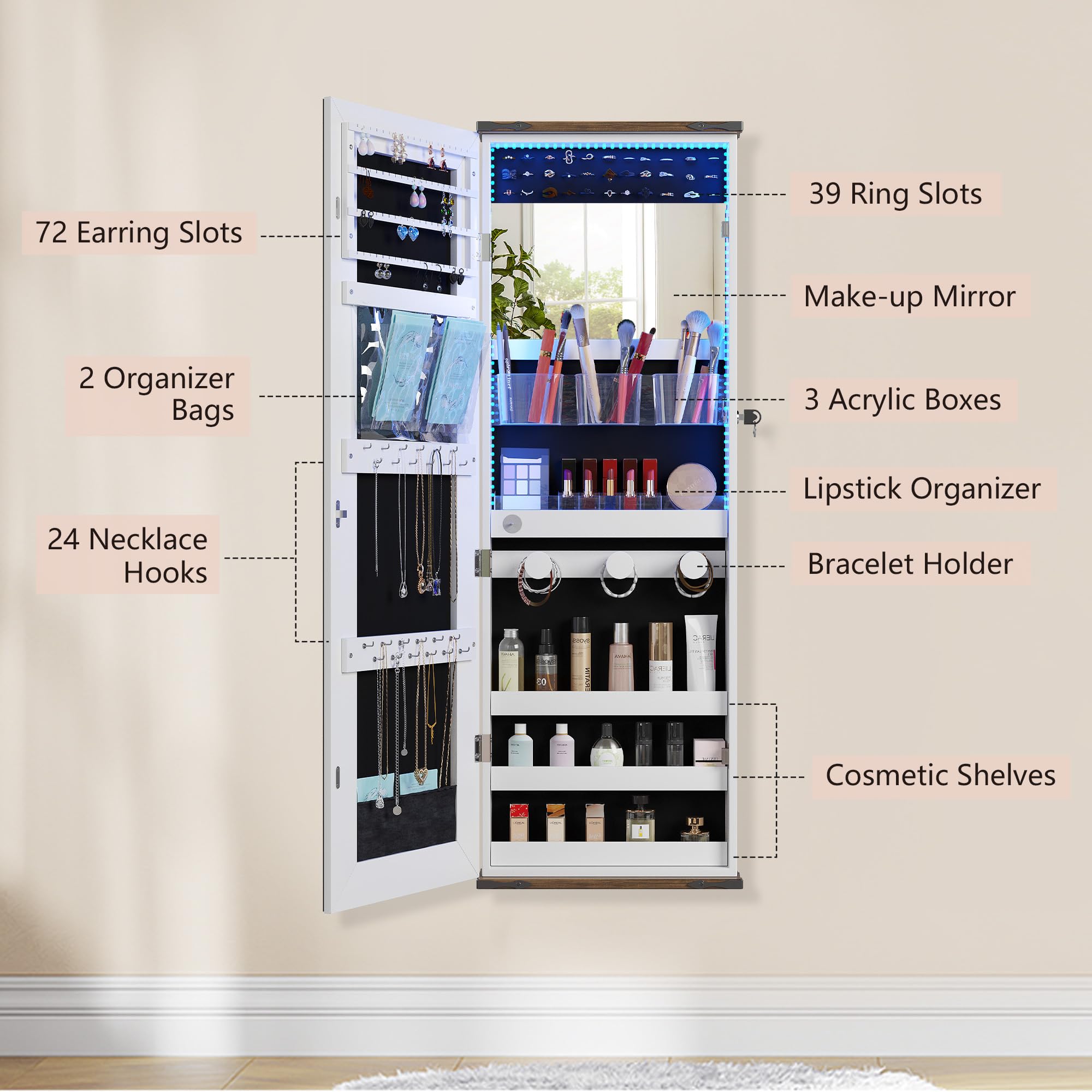 Over the Door Jewelry Organizer Mirror with LED Lights and Lock