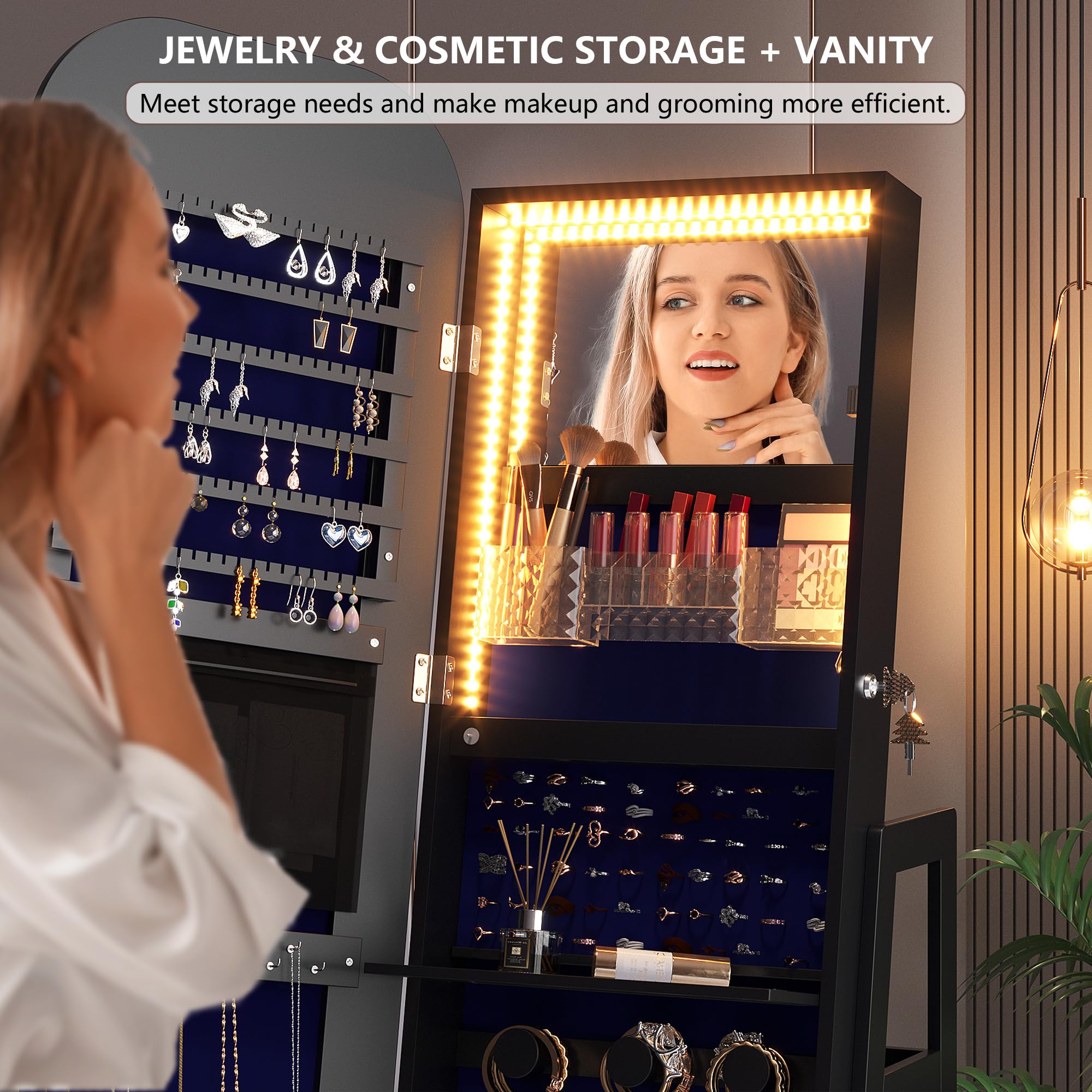 360° Swivel Jewelry Organizer with Full Length Mirror and Lights