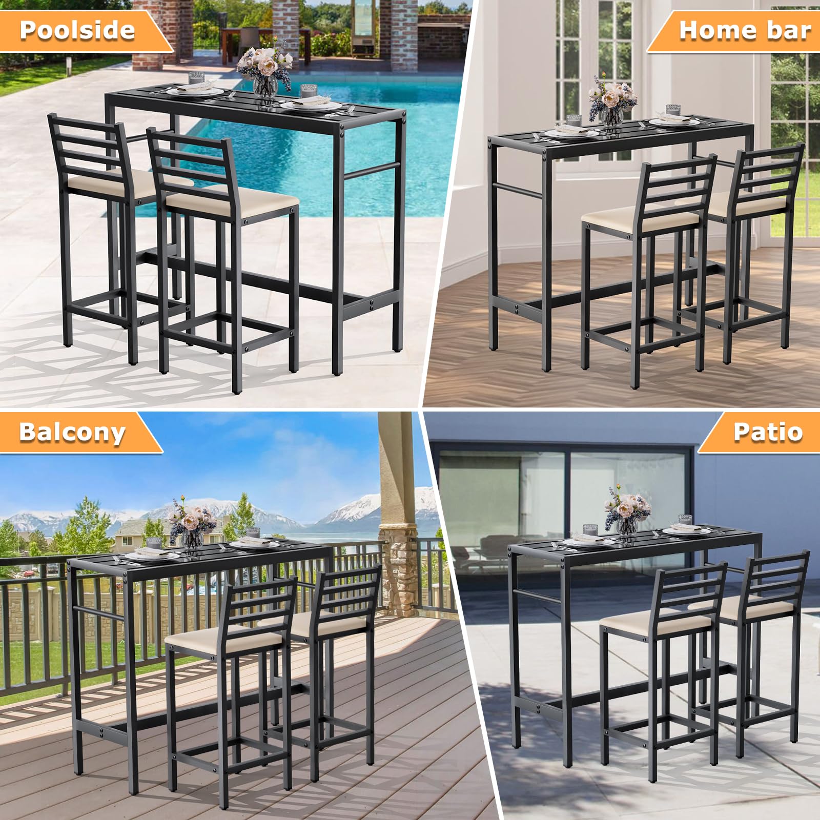 3 Piece Outdoor Patio Bar Set with Cushioned Stools