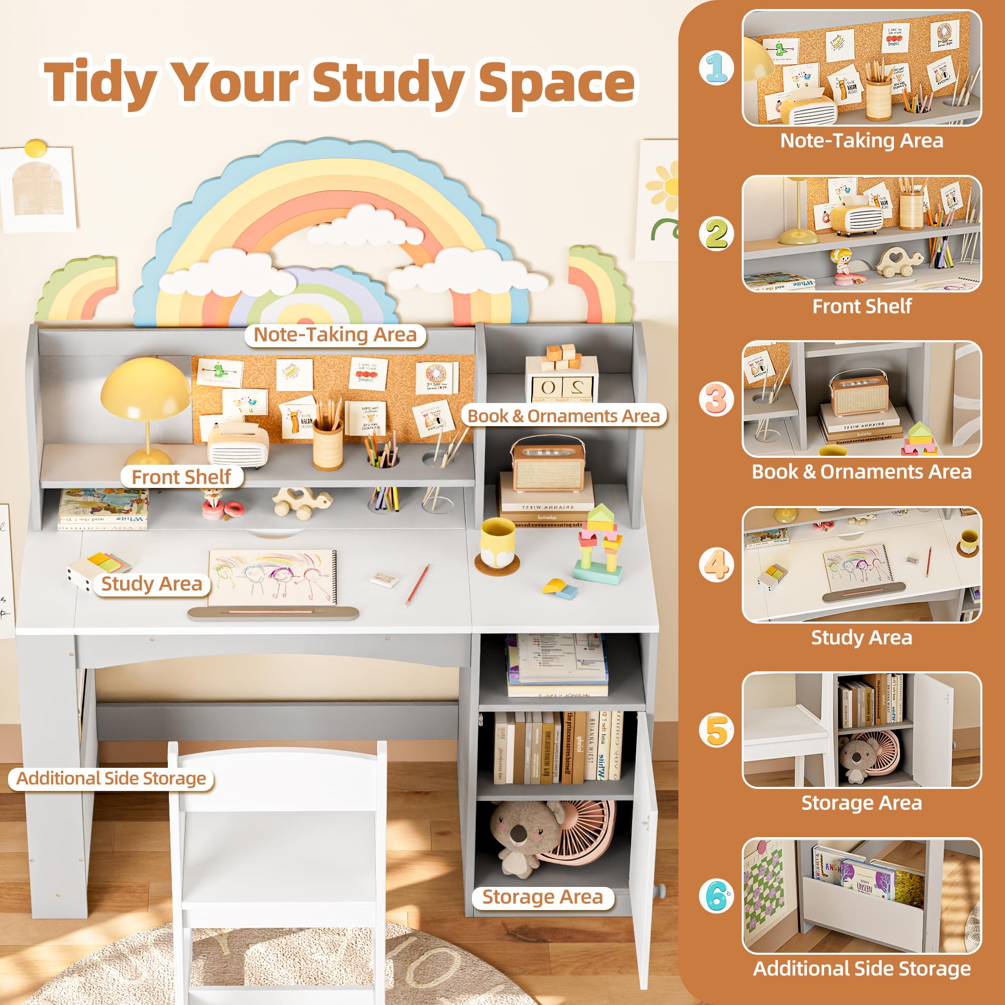 Kids Study Desk and Chair Set with Hutch Storage