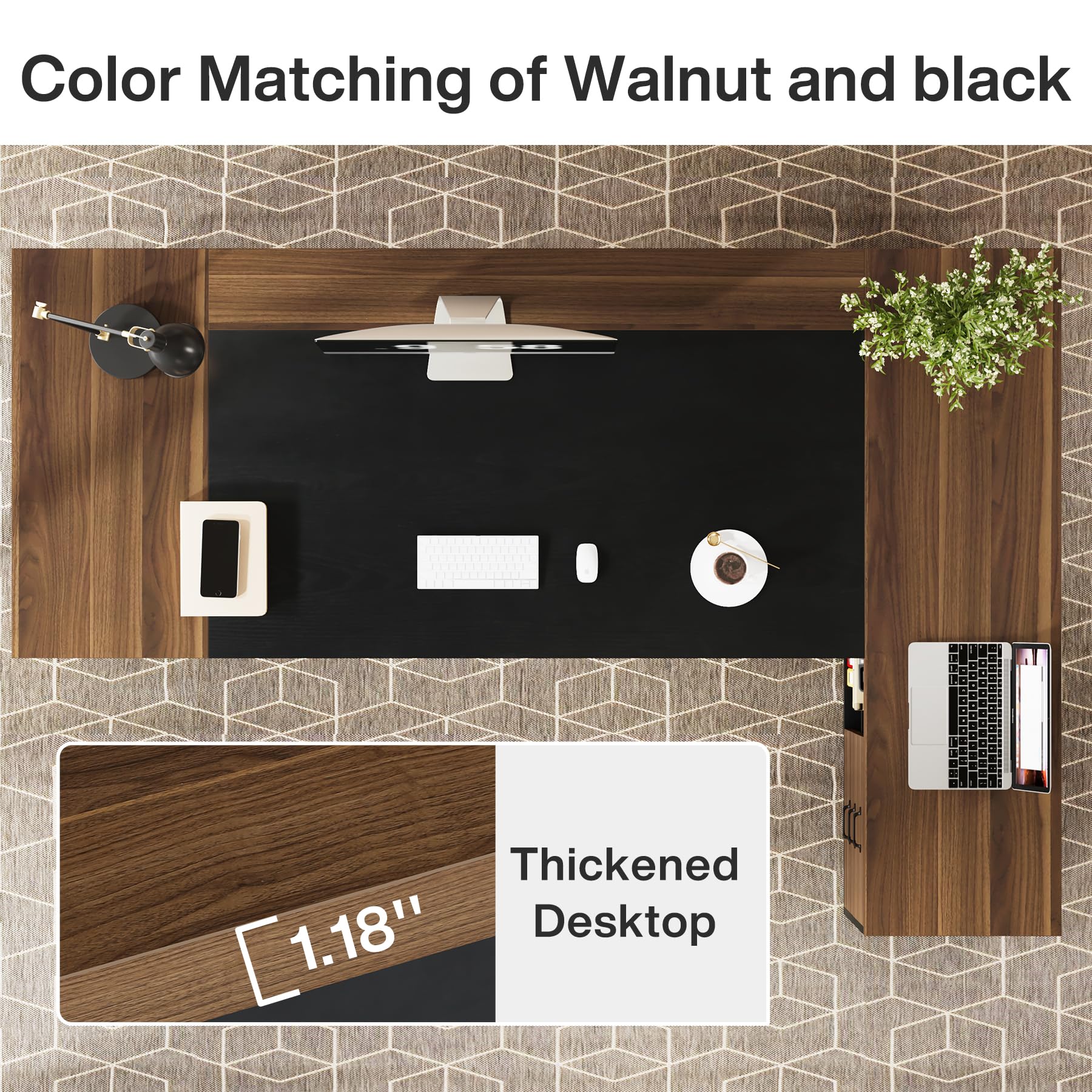 78-Inch L-Shaped Executive Desk with File Cabinet and Storage