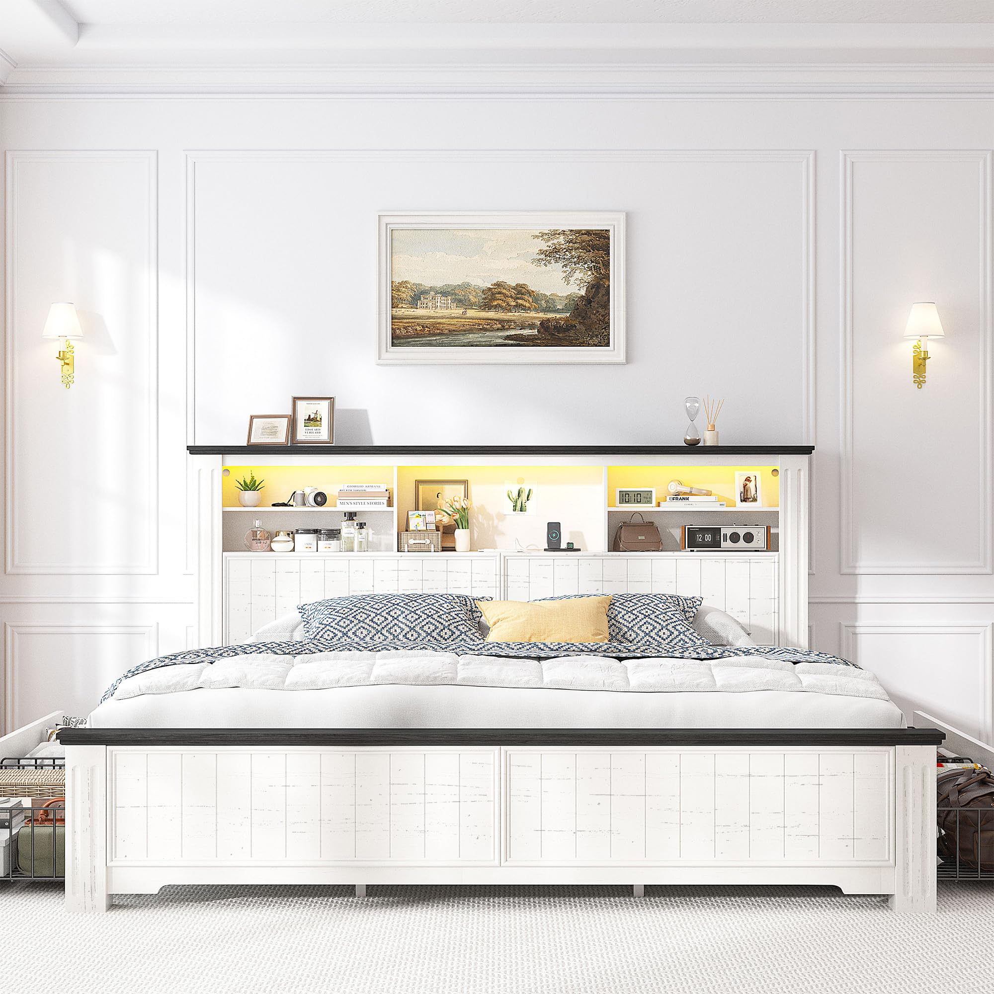 King Size Bed Frame with Storage Drawers and LED Charging Station