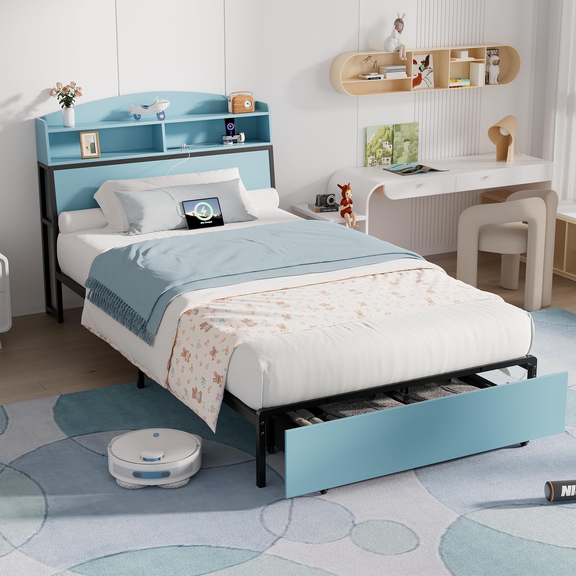 Twin Bed Frame with Storage and Charging Station