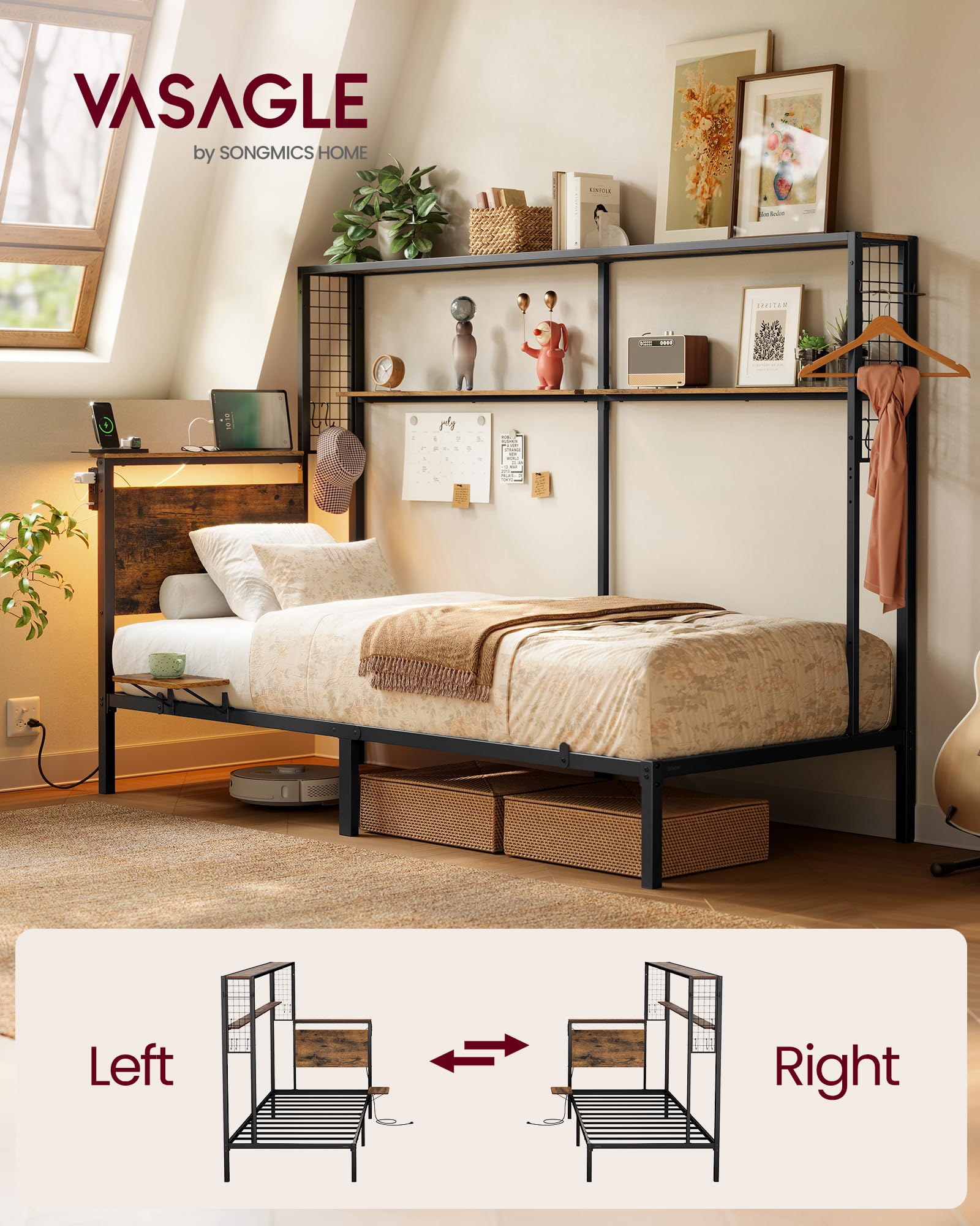 Twin Metal Bed Frame with LED Lights and Storage