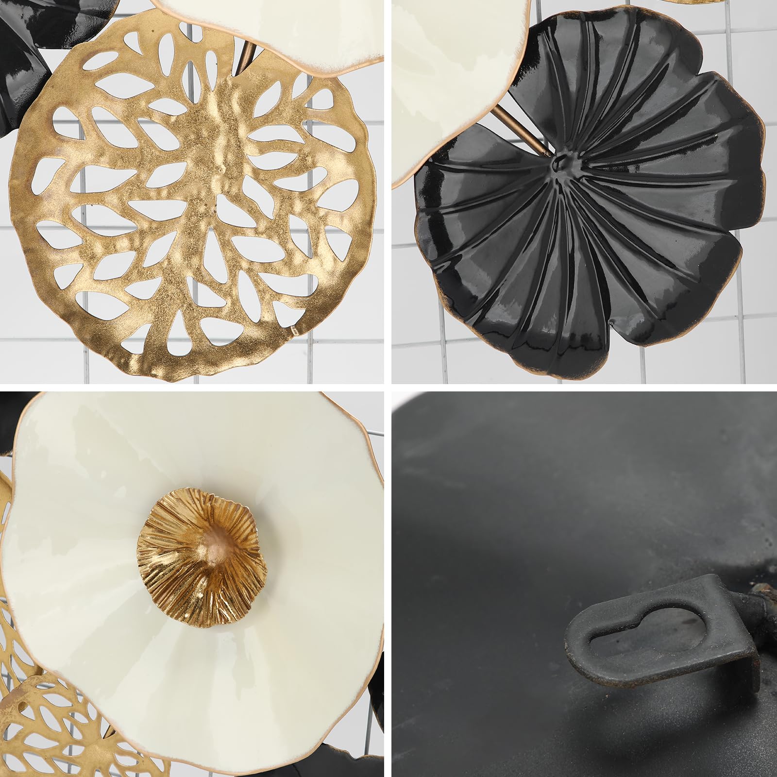 Modern Floral Metal Wall Art - Black Gold White Decorative Flower Sculpture