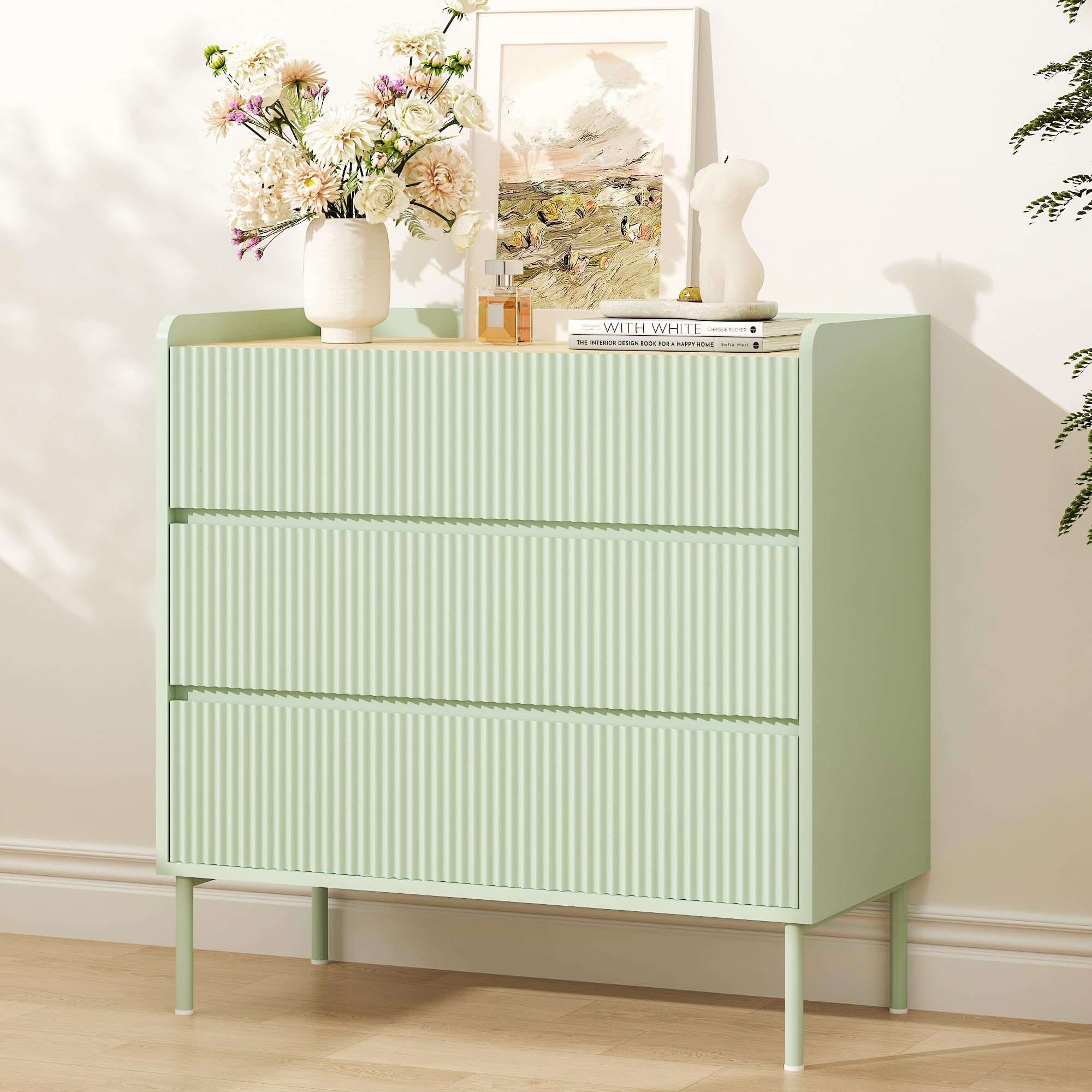 Green 3 Drawer Fluted Dresser