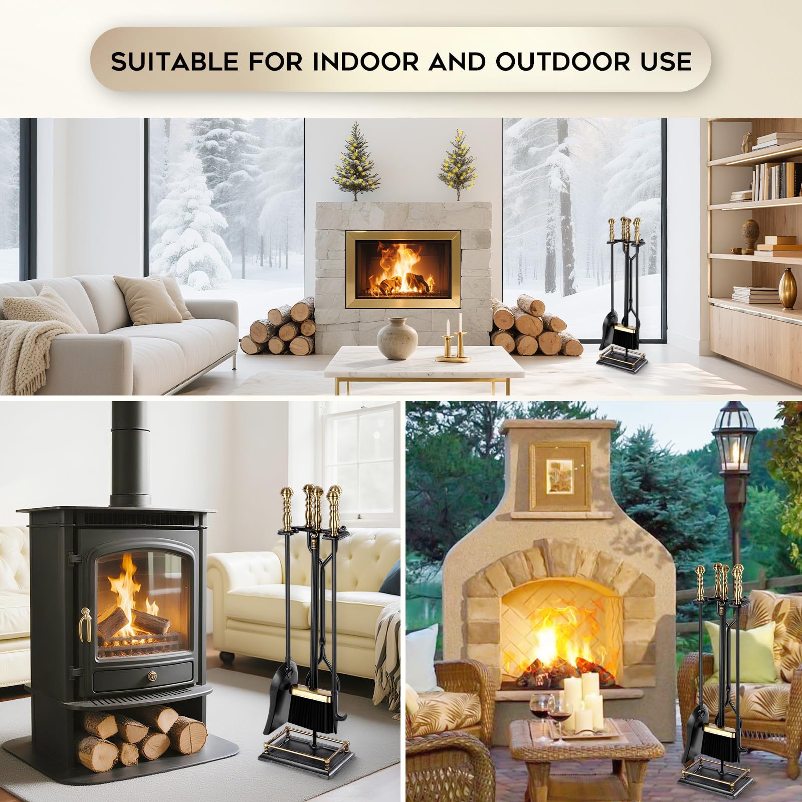 5-Piece Fireplace Tool Set with Brass Handles