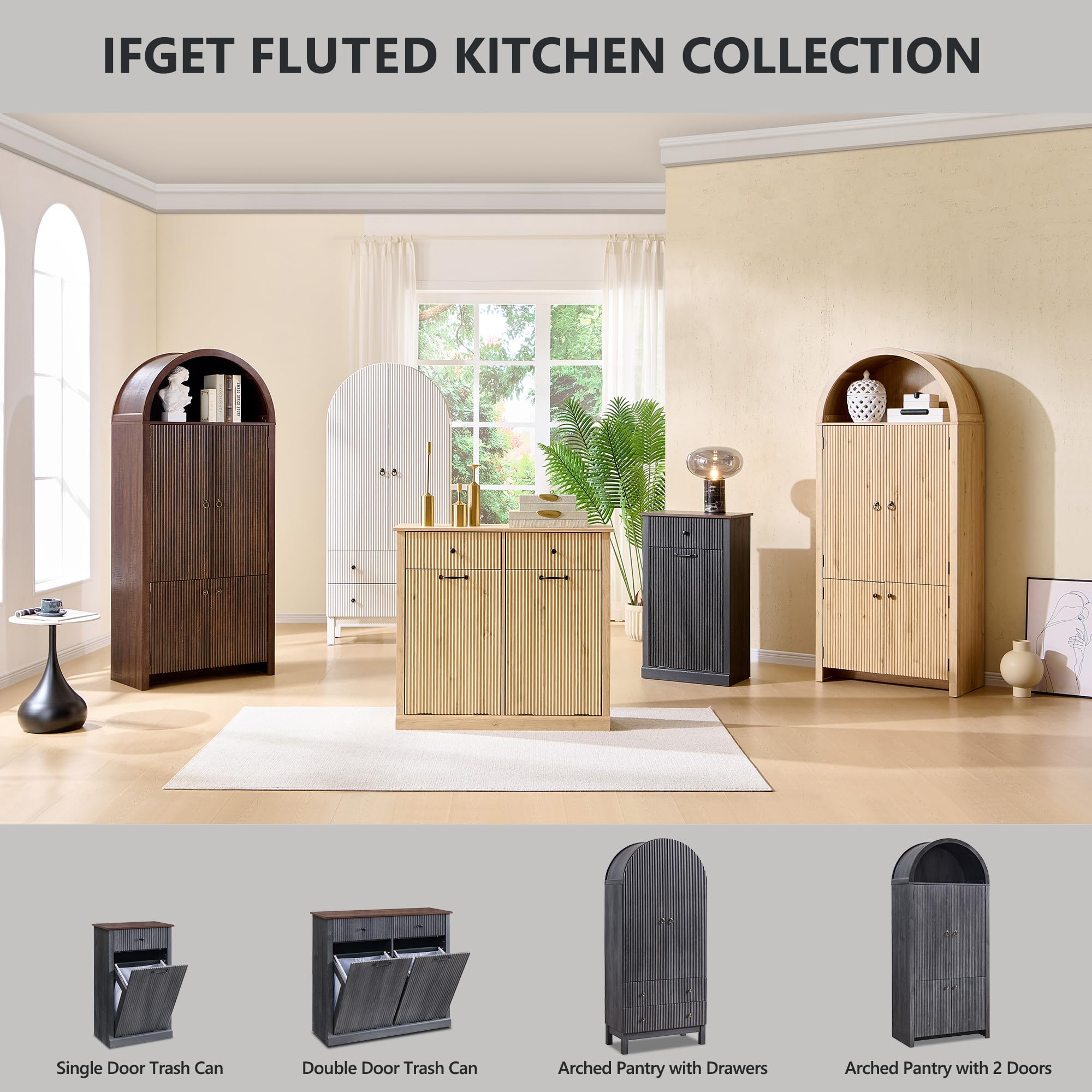 Arched Fluted Pantry Cabinet with Adjustable Shelves