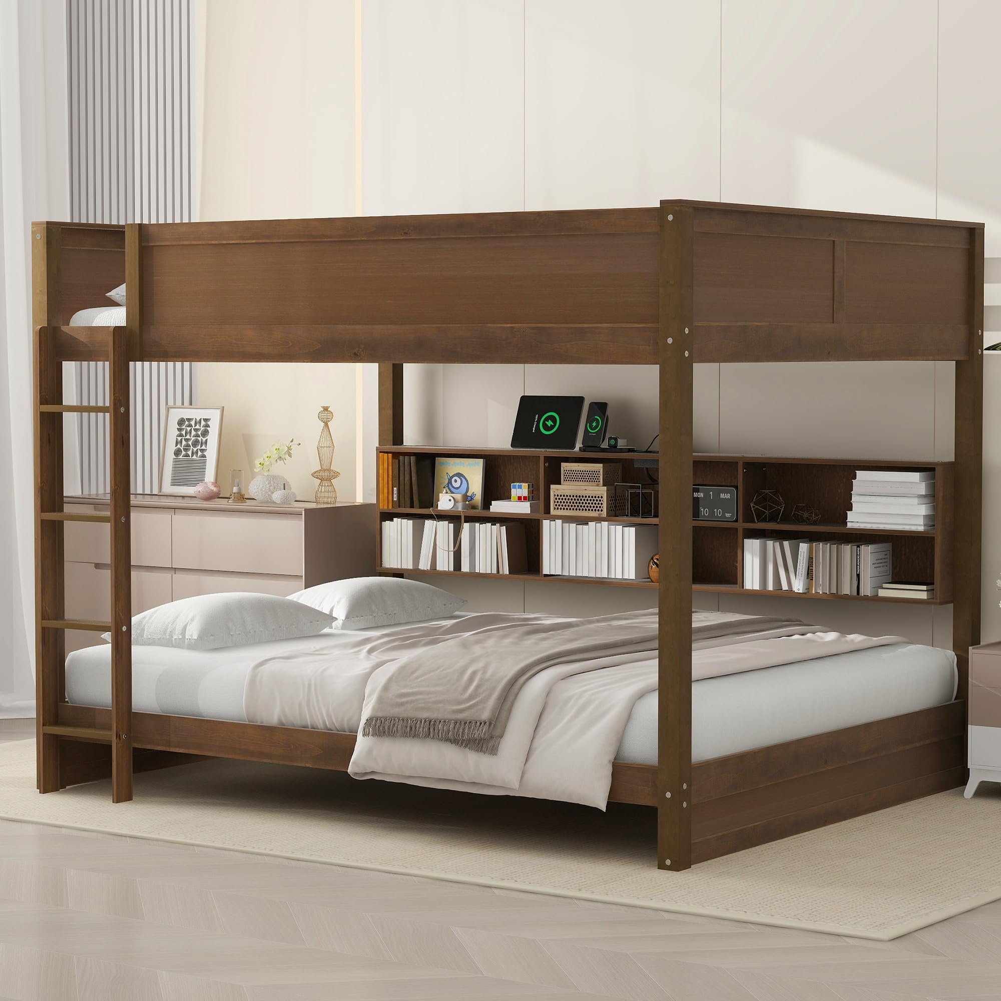 Queen Over Queen Bunk Bed with Storage Cabinets and USB Ports