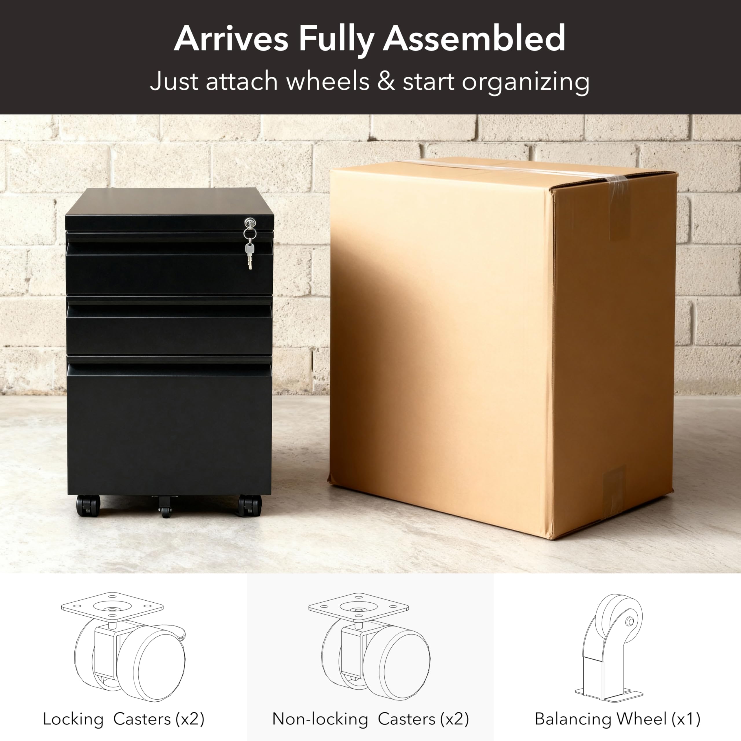 3-Drawer File Cabinet with Lock and Wheels