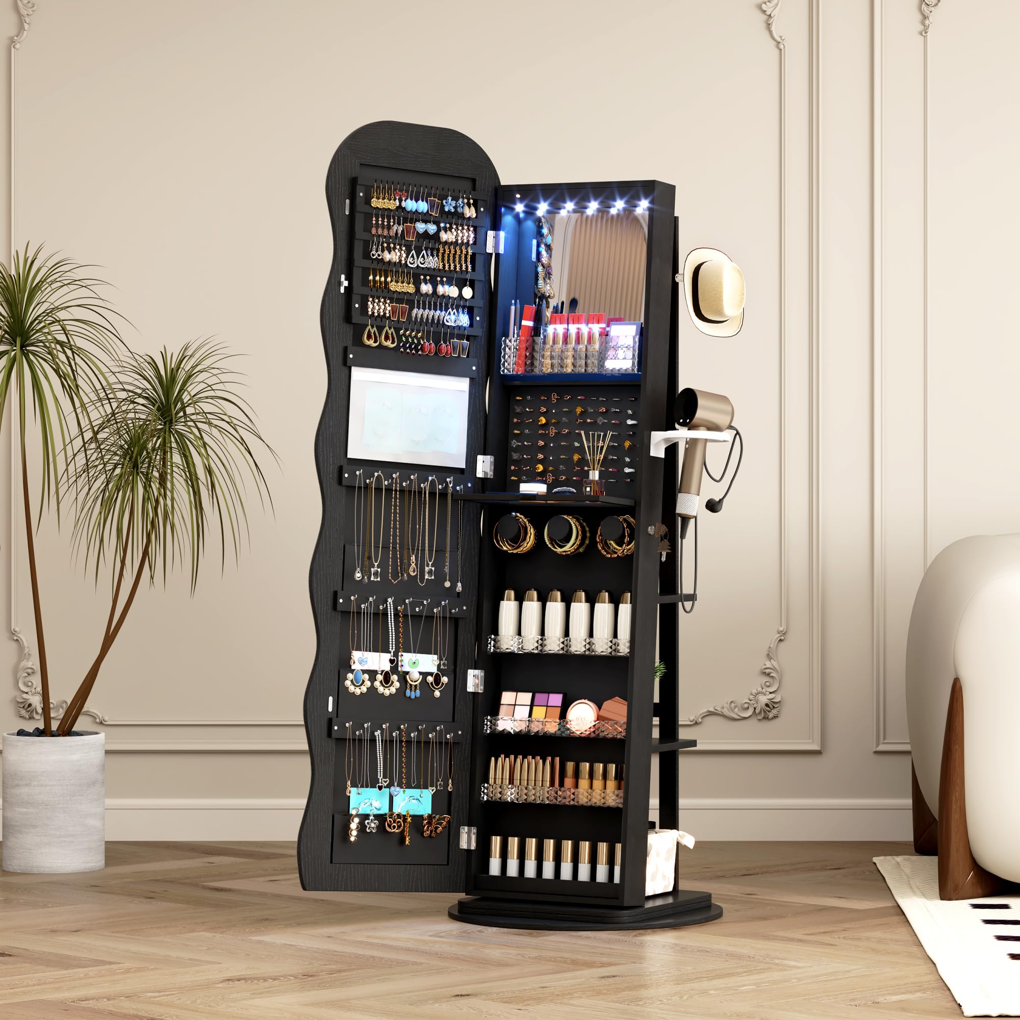 360° Swivel Jewelry Armoire with Wavy Mirror